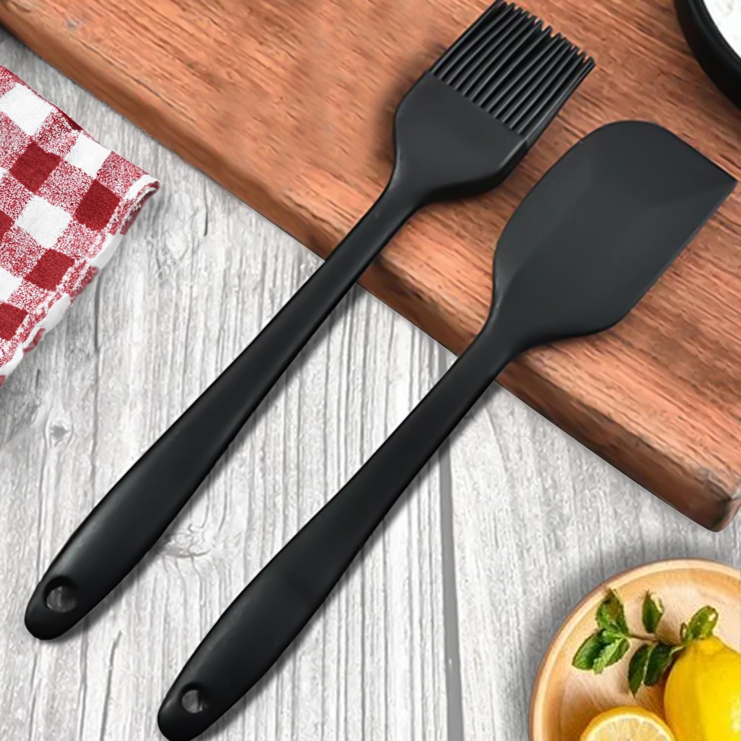 Frenchware (Set Of 2, Black) Oil Brush For Cooking & Non-Stick Silicone Spatula Baking & Mixing - Seamless Design, Heat-Resistan
