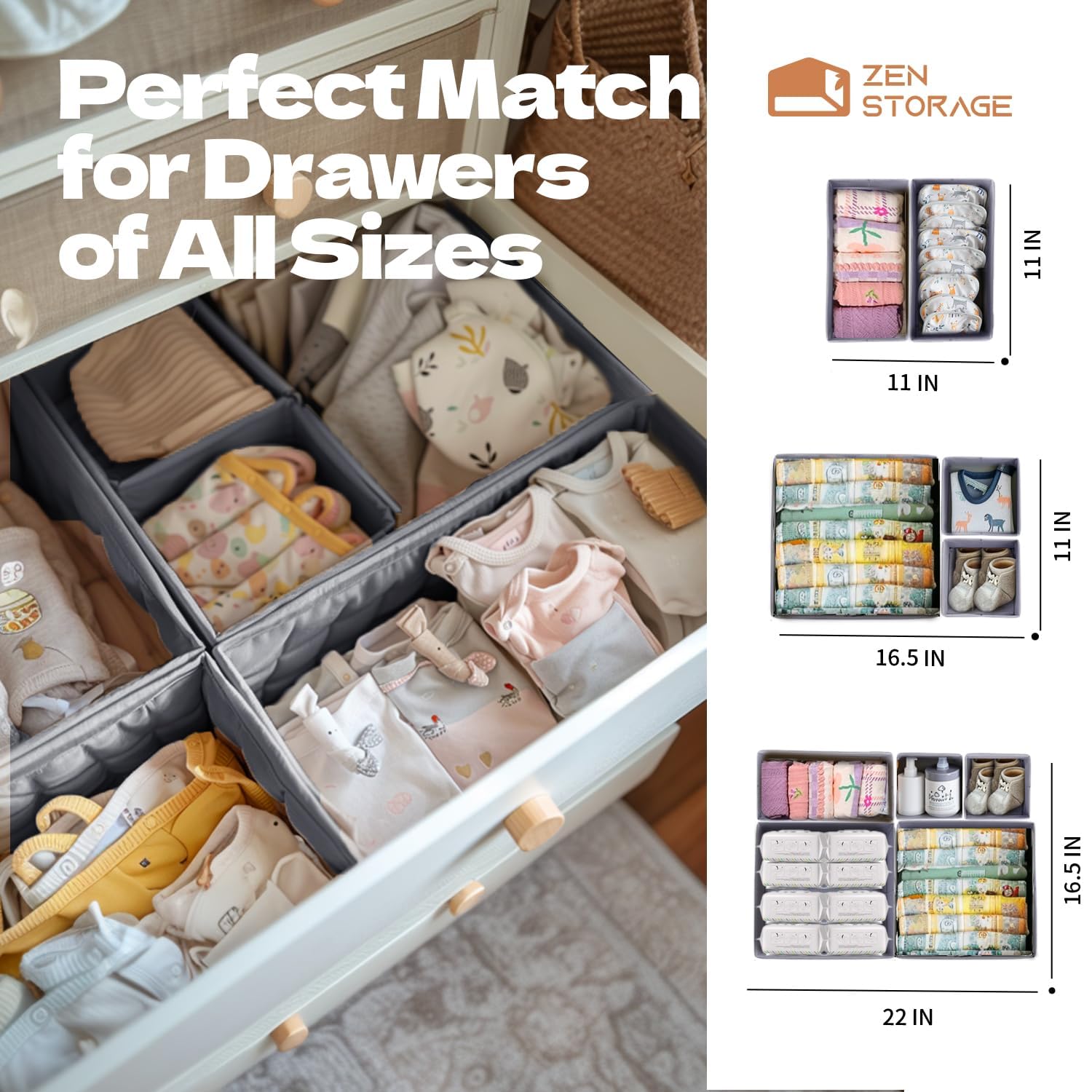 ZenStorage 12 Pack Drawer Organizer for Baby Clothes, Nursery Drawer Organizer for Baby Diaper, Collapsible Deep Fabric Drawer O