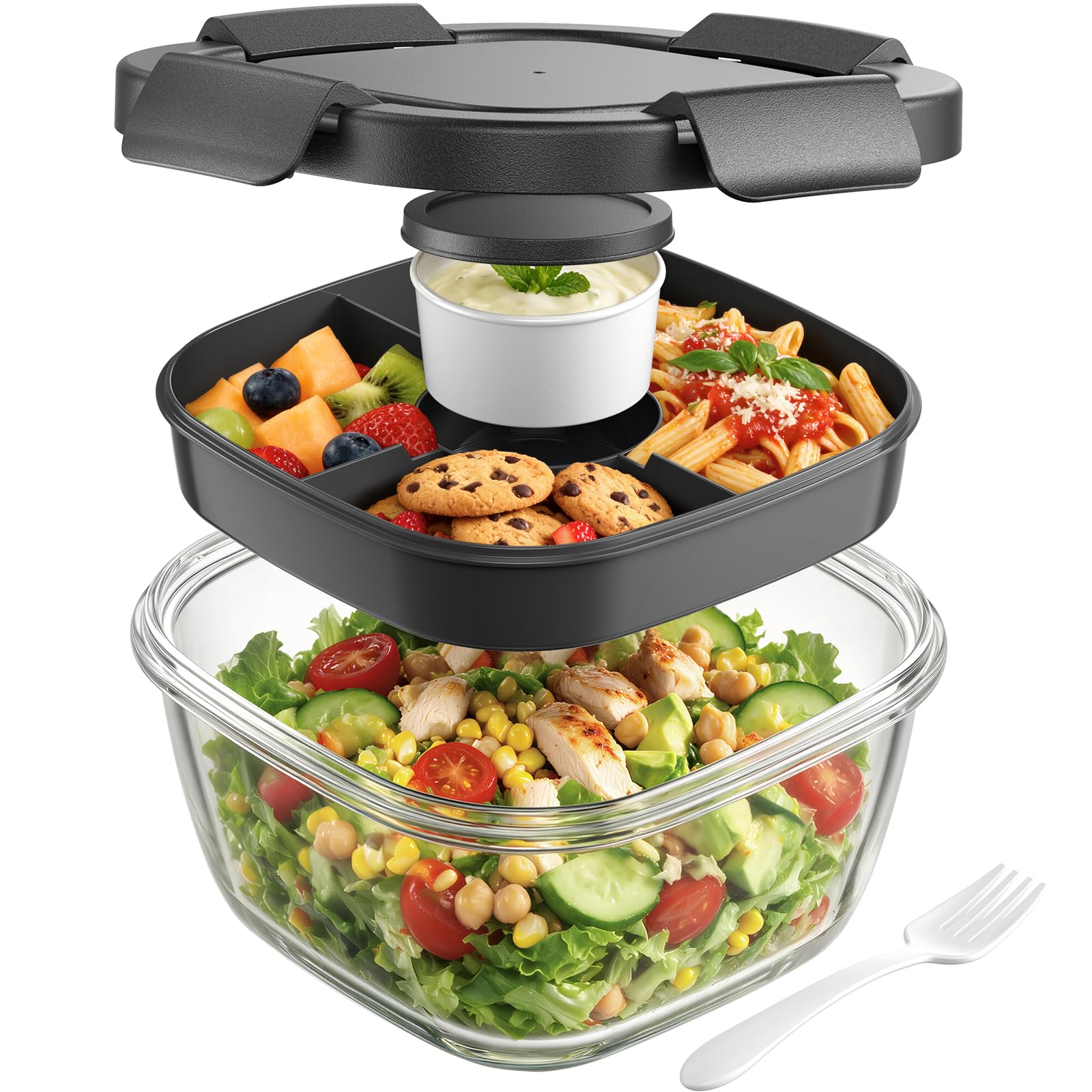 Canfanni Glass Salad Container, 56oz Bowl with Airtight Lids, Bento Box