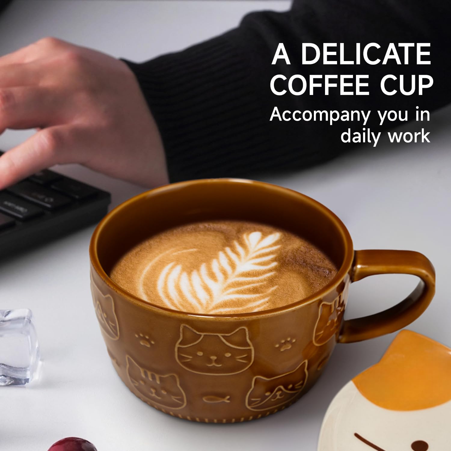 YLOKO Cute Cat Mug with Lid, 300ml/10oz Ceramic Calico Cat Coffee Mugs, Kawaii Animal Milk Teacup Novelty Gifts for Cat Lovers K