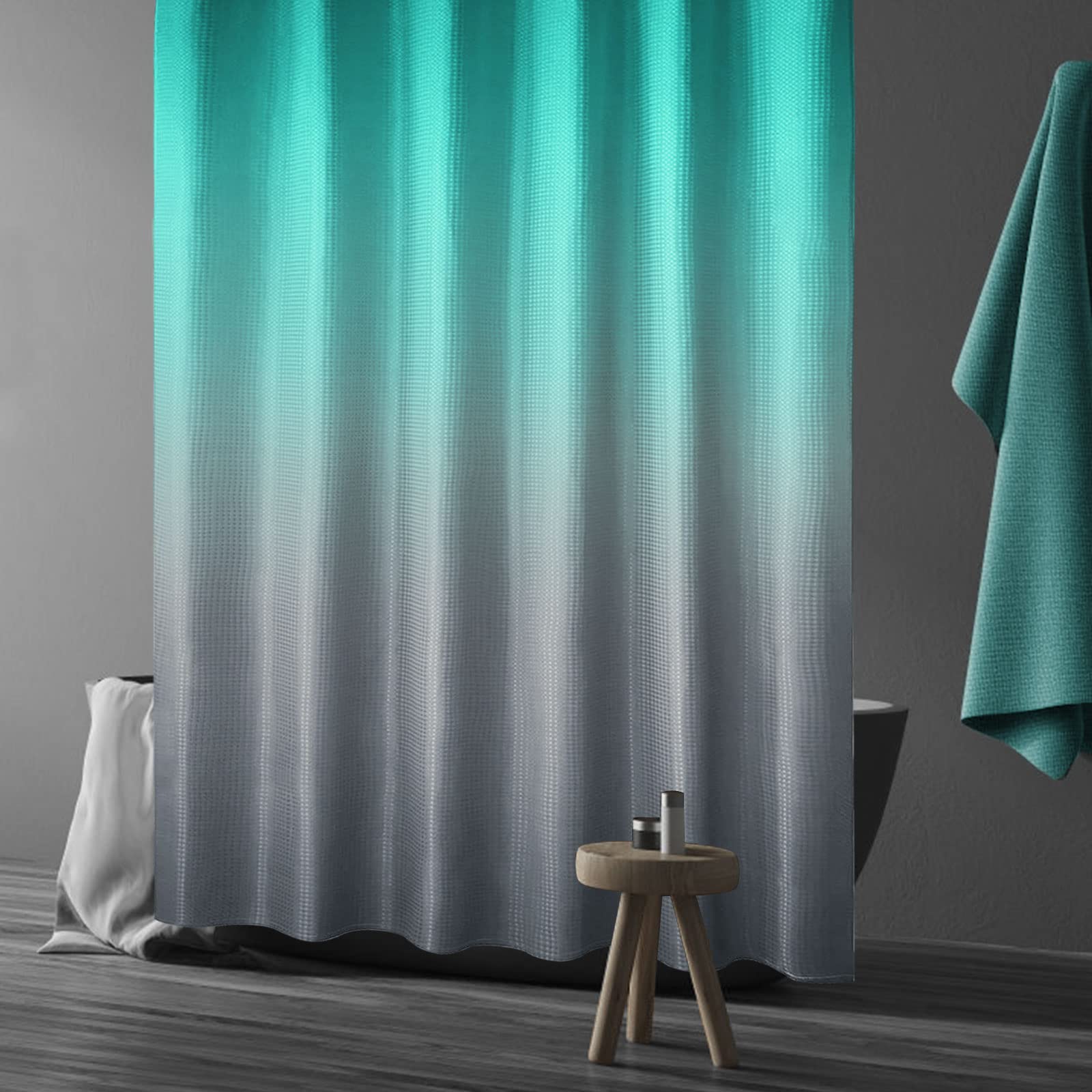 Gibelle Ombre Shower Curtain  Teal Grey Gradient Fabric Shower Curtain  Waffle Weave Textured Bathroom Curtains Shower Set with Hooks  Water Repellent and Machine Washable  72 x 72