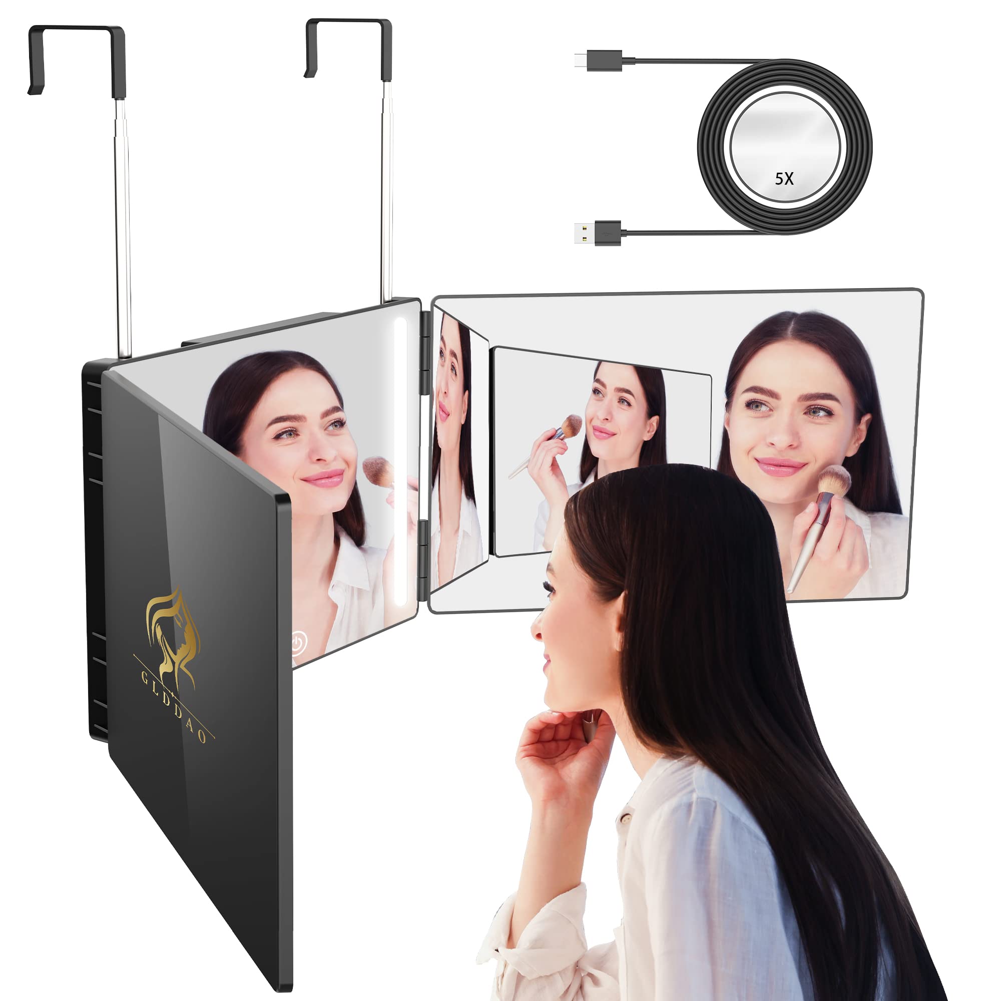 Glddao 3 Way Mirror For Self Hair Cutting With Lights,Rechargeable 360 Trifold Barber Mirrors Led Makeup Mirror See Back Of Head