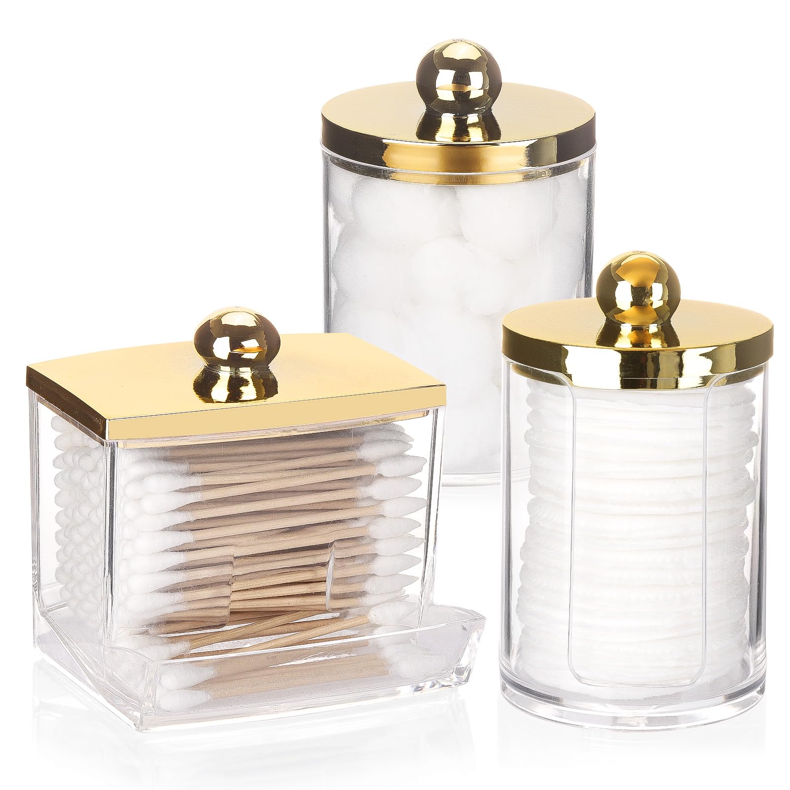 Tbestmax 3 Pack Qtips Dispenser - Bathroom Organizers and Storage Containers, Plastic Apothecary Jars with Gold Lids for Cotton 