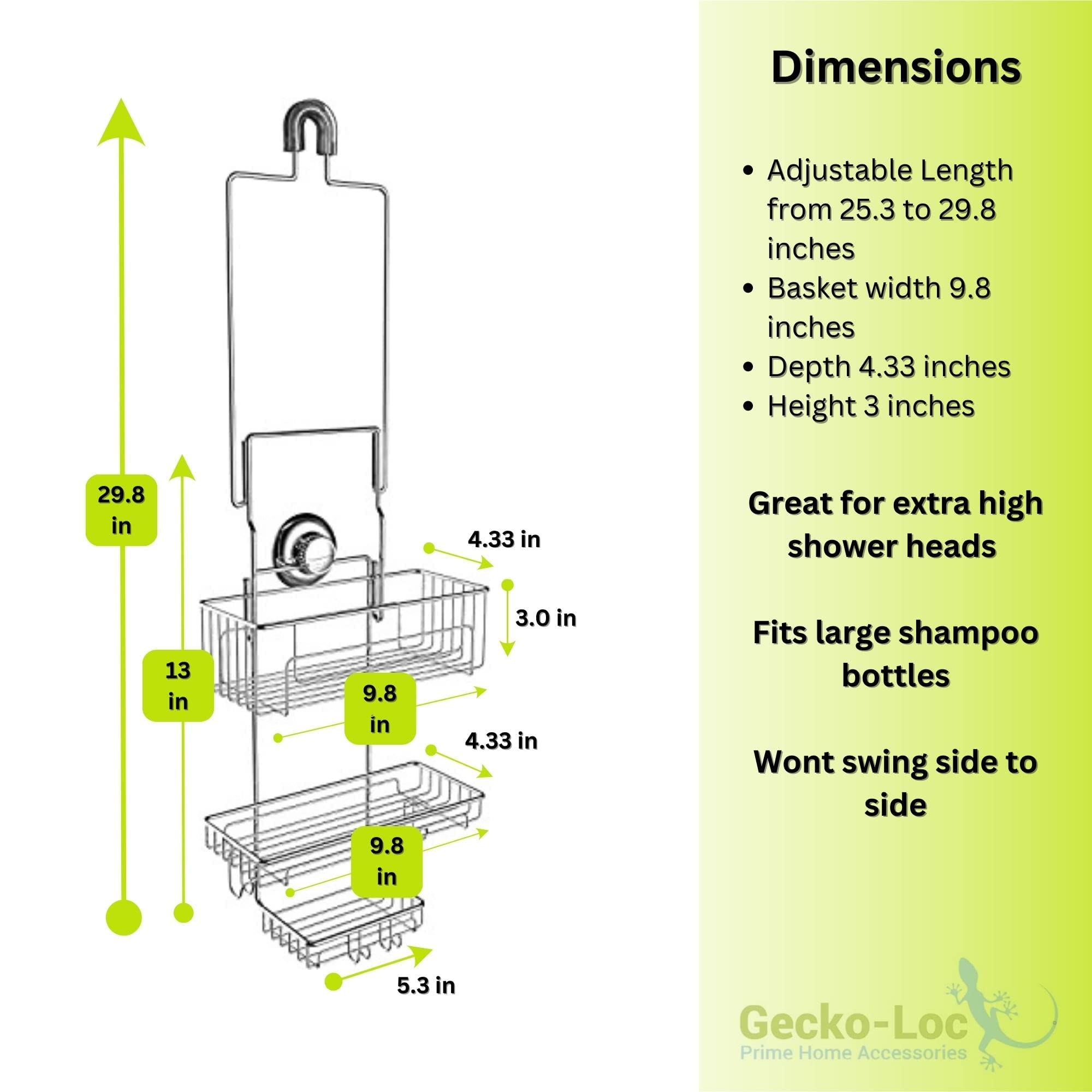 Gecko-Loc Extra Long Adjustable Length Deep Shelf Over The Showerhead Hanging Shower Caddy Organizer - Bathroom Caddies Storage