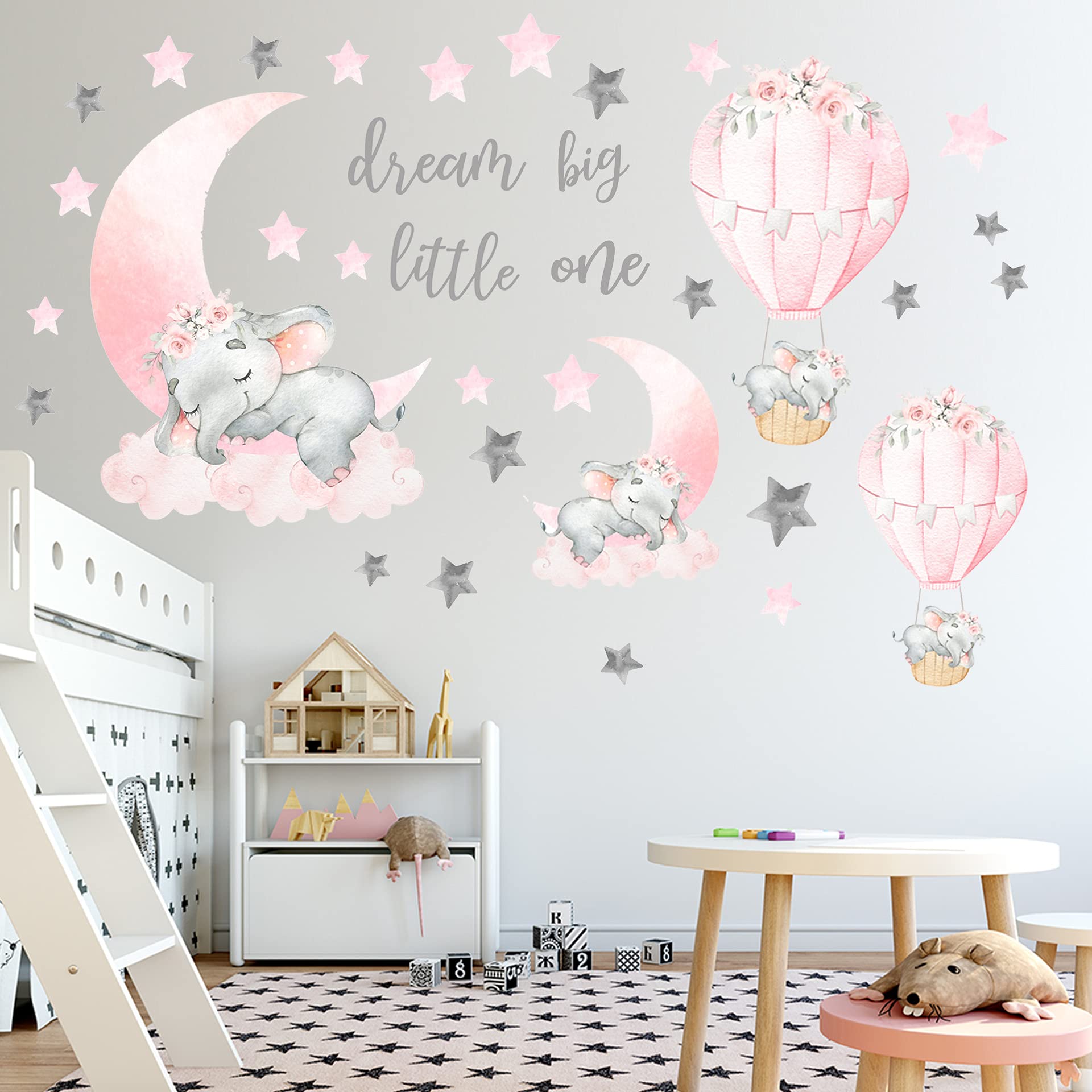 Dream Big Little One Elephant Wall Stickers, Pink Moon Hot Air Balloon Grey Stars Wall Decals For Nursery Kids Room Living Room
