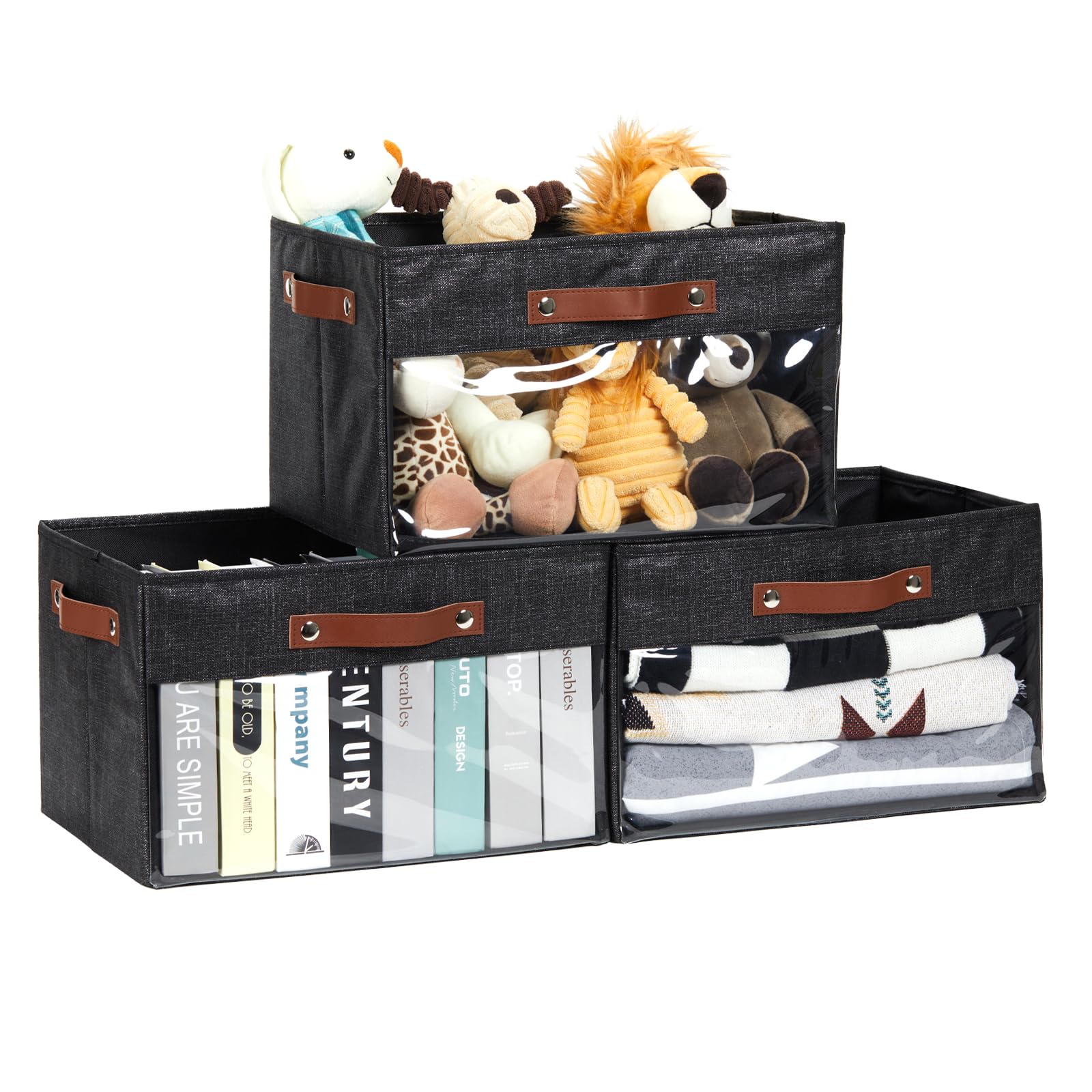 Hnzige Rectangle Large Storage Bins For Shelves With Clear Window, Collapsible Storage Bin Baskets For Shelves 3 Pack, Decorativ