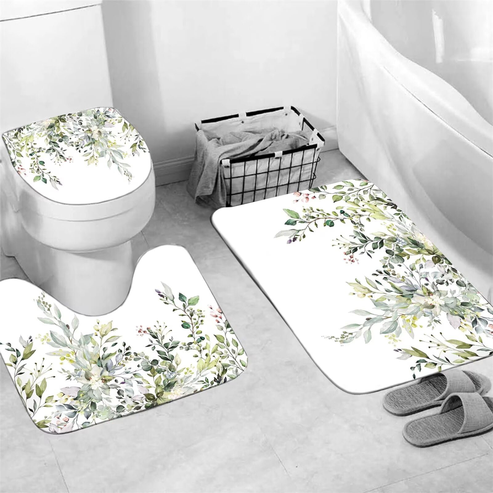 Azhm Sage Green Eucalyptus Plant Shower Curtain Set 4Pcs Watercolor Leaves Floral Bathroom Sets With Shower Curtain And Rugs, Fa