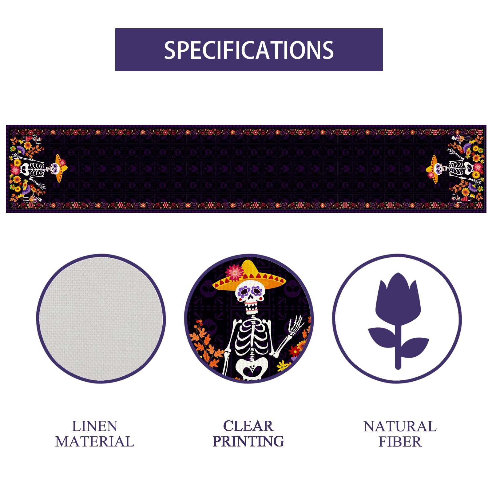 Linen Purple Day Of The Dead Table Runner Dia De Los Muertos Tablecloth Mexican Halloween Sugar Skull Home Kitchen Dining Table