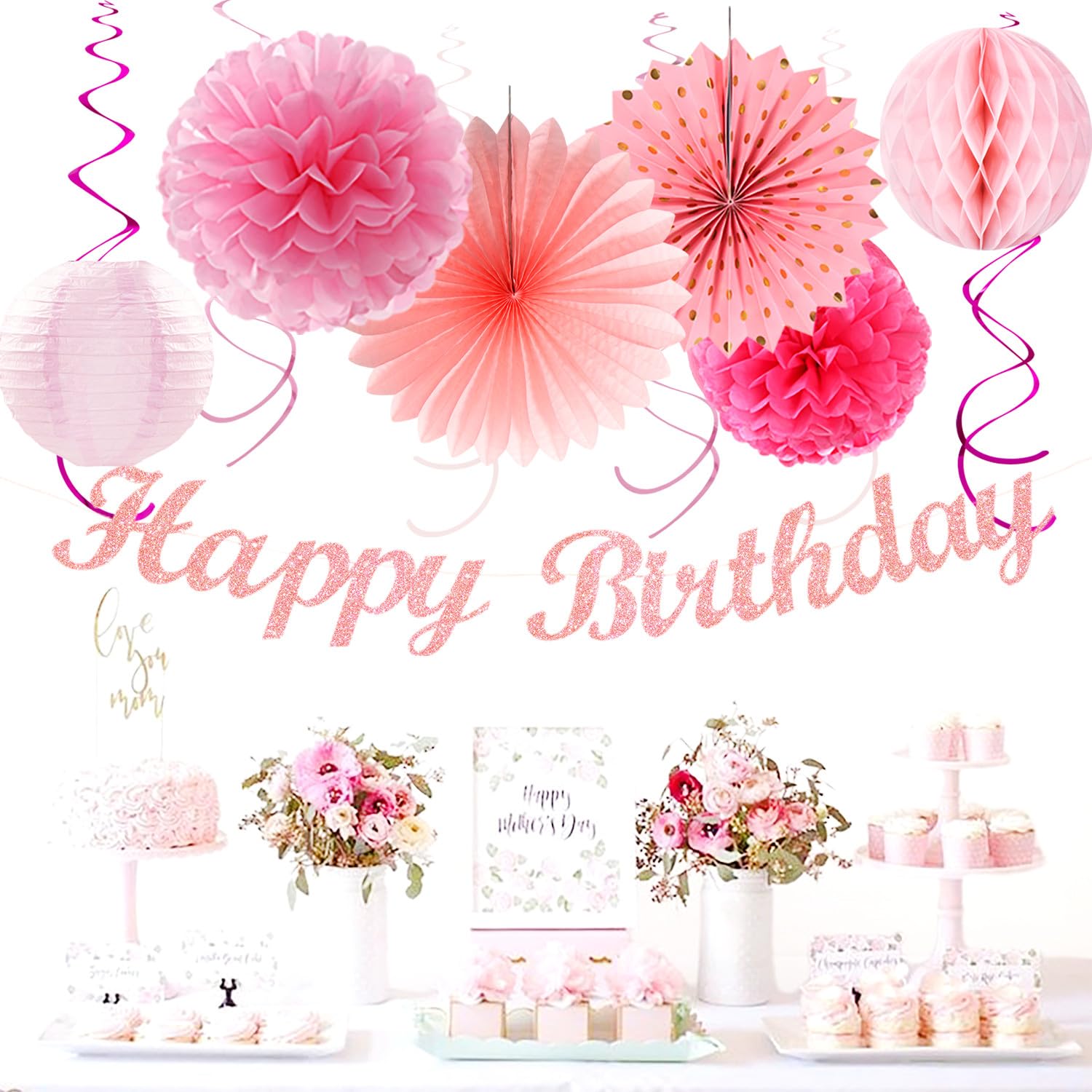 Light Hot Pink Birthday Party-Decorations - 21Pcs Girl Happy Banner,Paper Lanterns Honeycomb,Tissue Pom Poms Flower Fan,Hanging