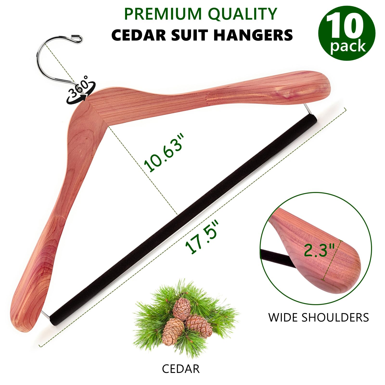 Amber Home 10 Pack American Red Cedar Wood Coat, Suit Hangers With Extra Wide Shoulder, Wooden Jacket Clothes Hanger Smooth Delu