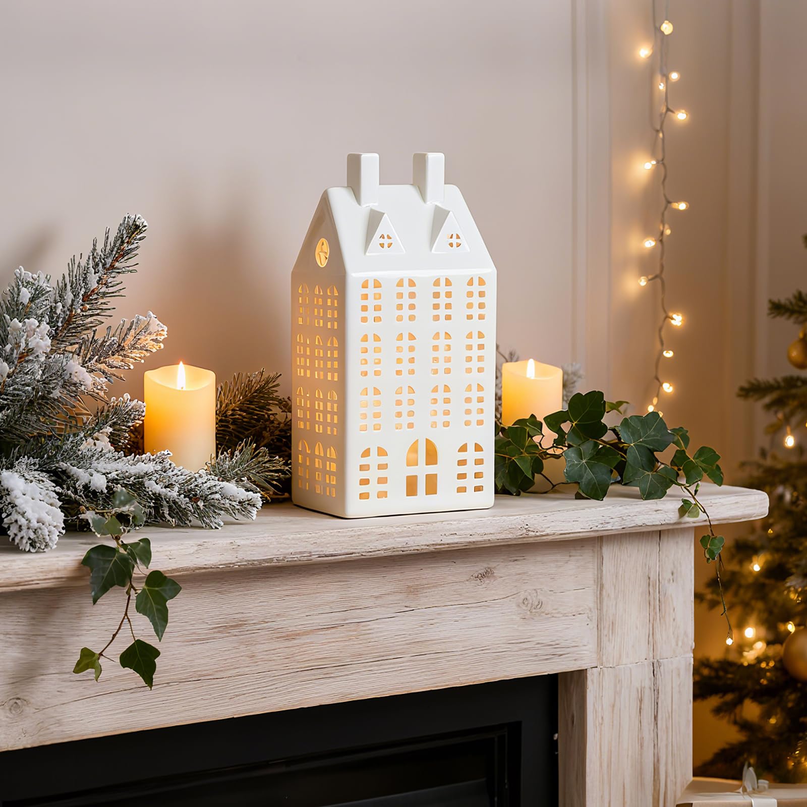 DN DECONATION Light Up Christmas Village House, White Ceramic House Decor with Lights, Modern Christmas Town Building Decoration