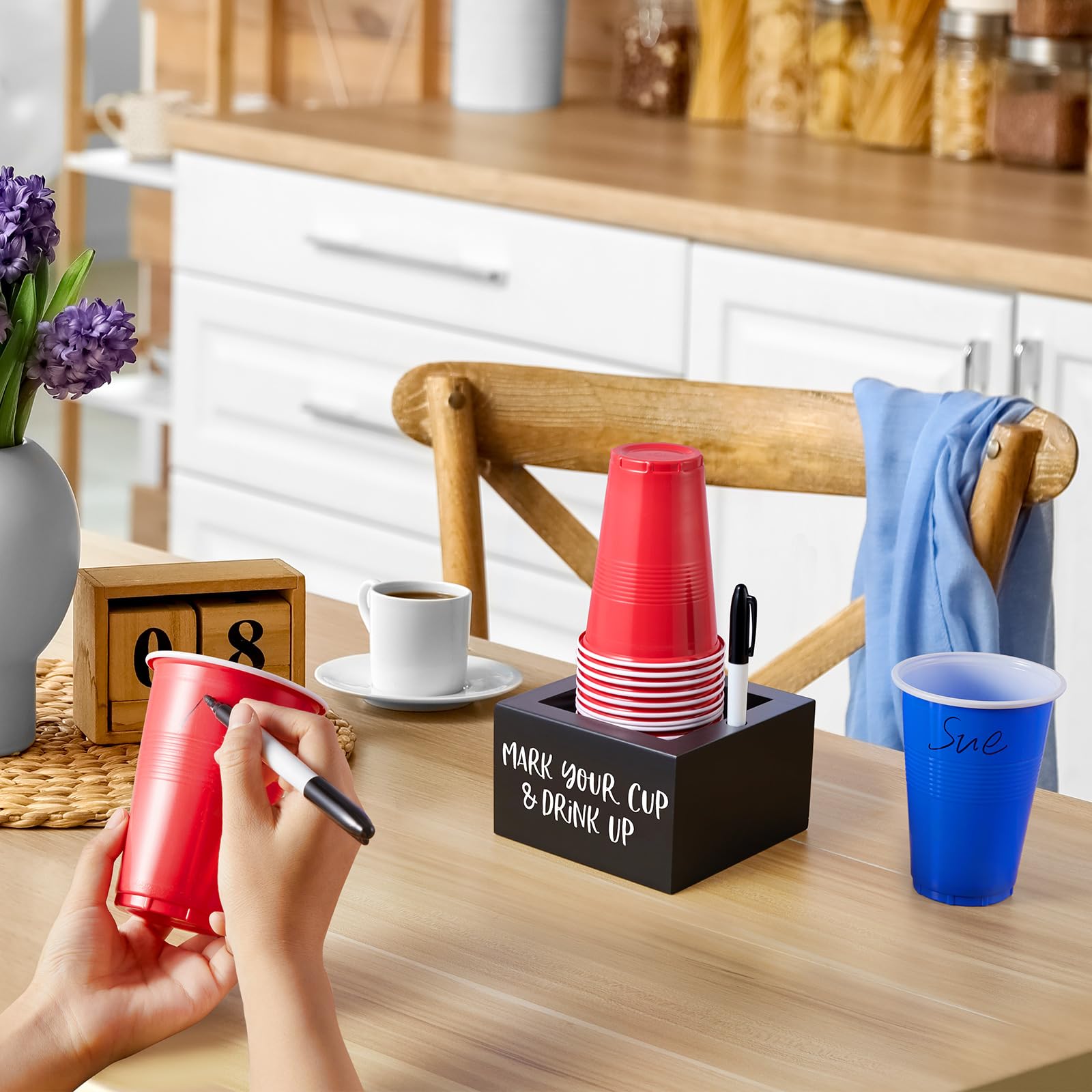Drastar Cup Holder With Marker Slot, Mark Your Cup And Drink Up Caddy, Farmhouse Drink Holder For Party Bar, Black Wood Disposab