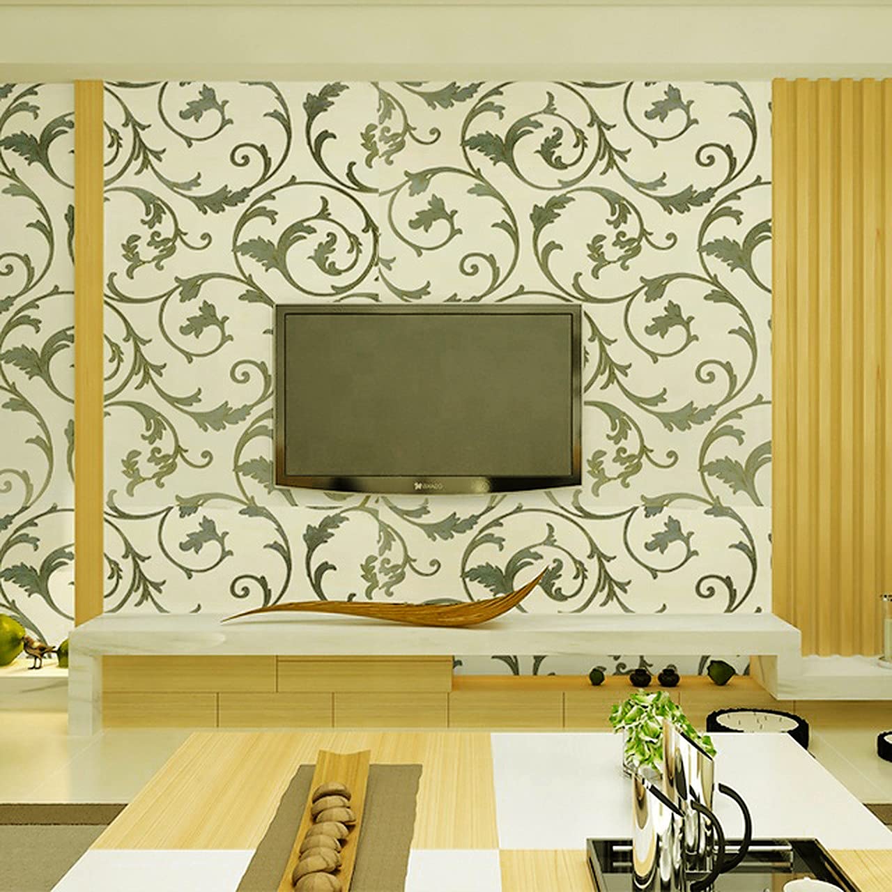 wolpin Wall Stickers Wallpaper Stylish Scroll Pattern (45 cm x 10 m) PVC Living Room Decor Self Adhesive, Beige