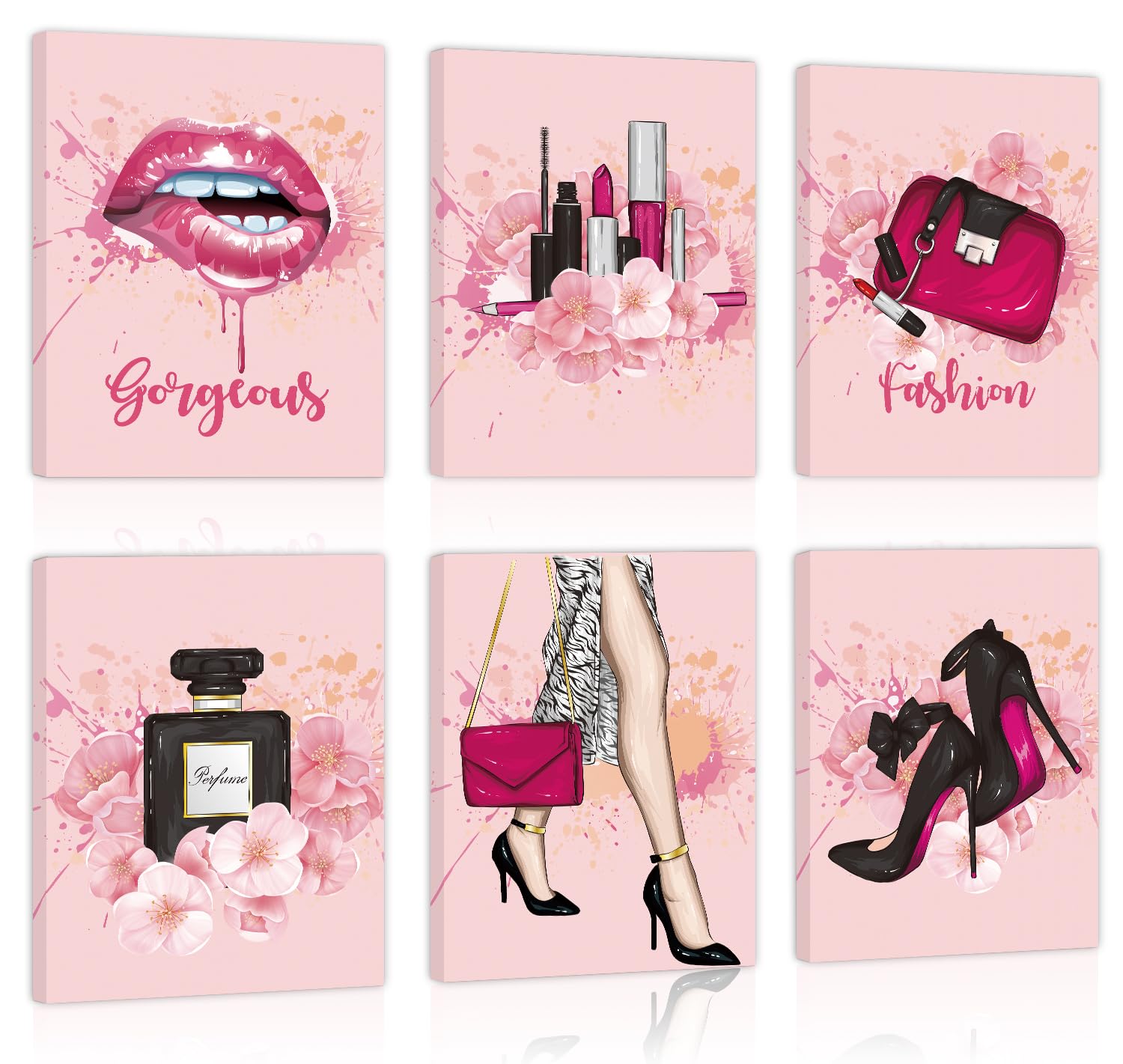 Hpniub Fashion Wall Art, Glam Wall Decor For Living Room, Set Of 6 Piece (12X16Inch,Framed) Pink Girly Beauty Room Pictures Mode