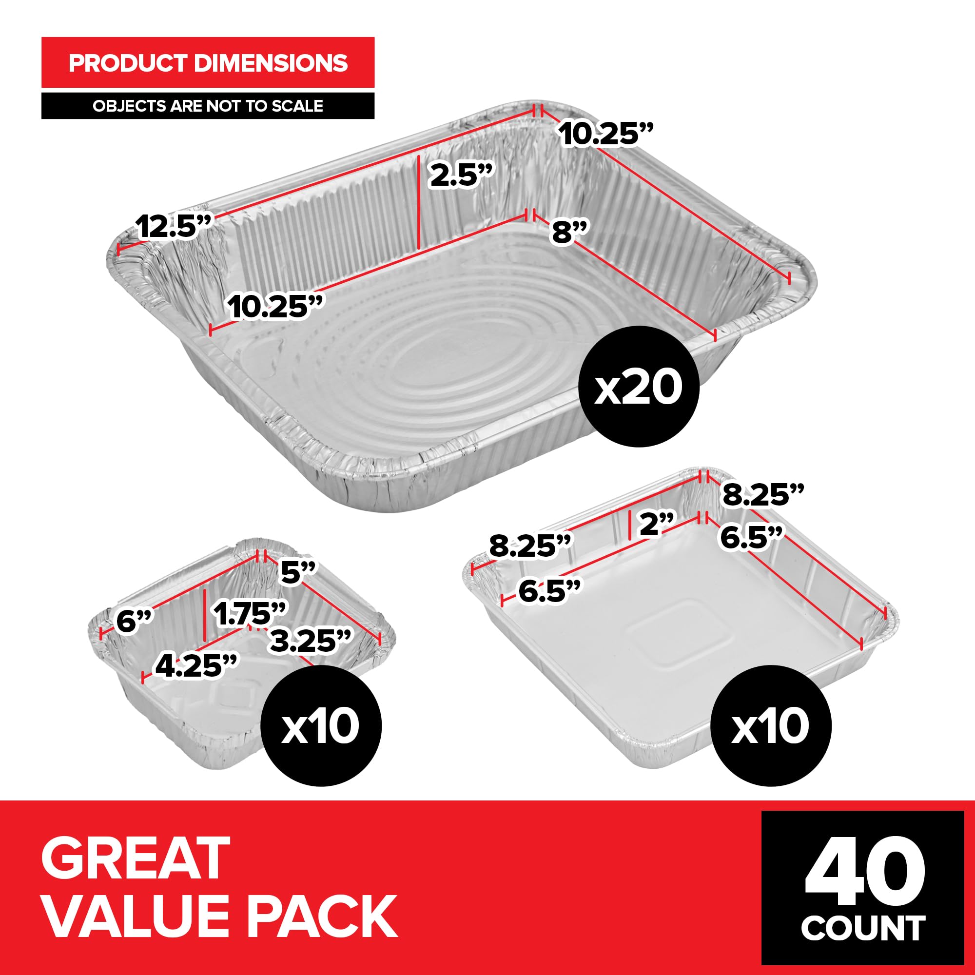 (Set Of 40) Aluminum Pans Disposable, (20) 9X13, (10) 8X8, (10) 1-Lb Heavy Duty Foil Pans, Baking Tins, Cooking Trays, Large And