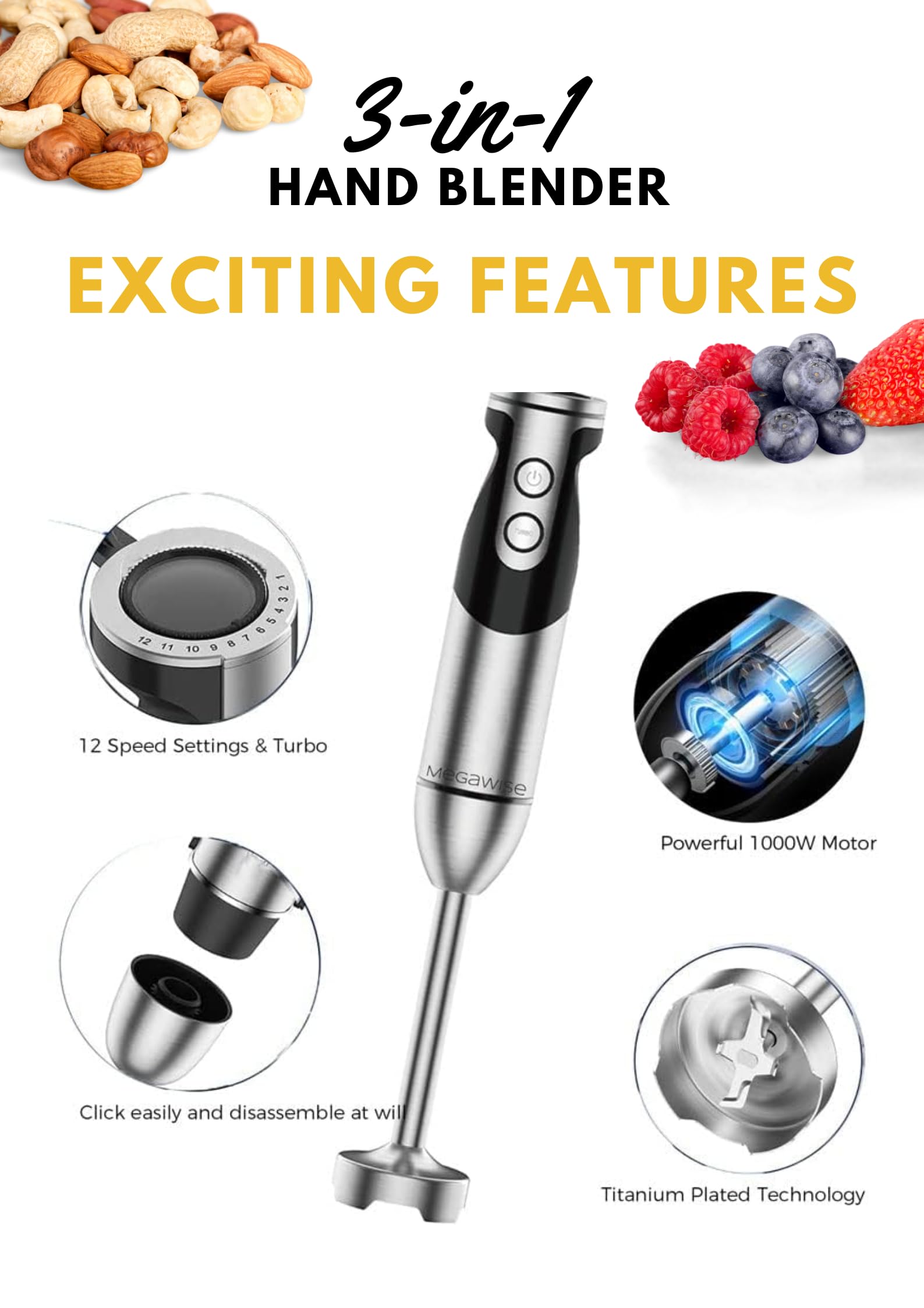 MegaWise Stainless Steel Titanium Reinforced 3-in-1 Immersion Hand Blender  Powerful with 80% Sharper Blades  12-Speed Corded Blender  Including Whisk and Milk Frother (3-in 1 Black)