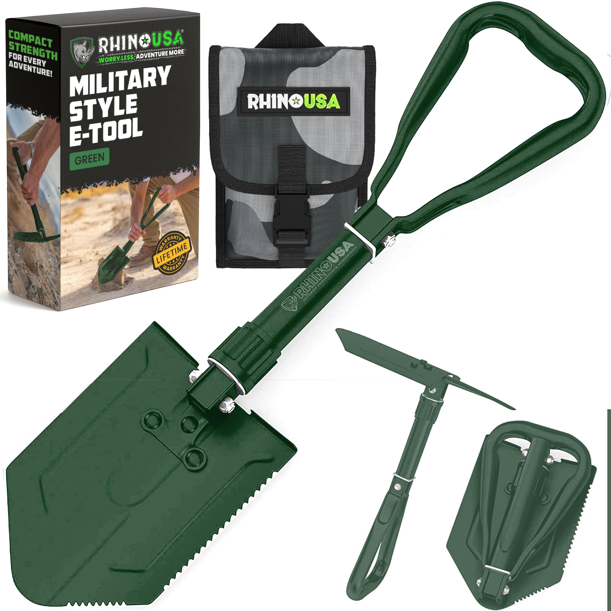 RHINO USA Folding Survival Shovel w/Pick - Heavy Duty Carbon Steel Military Style Entrenching Tool for Off Road, Camping, Garden