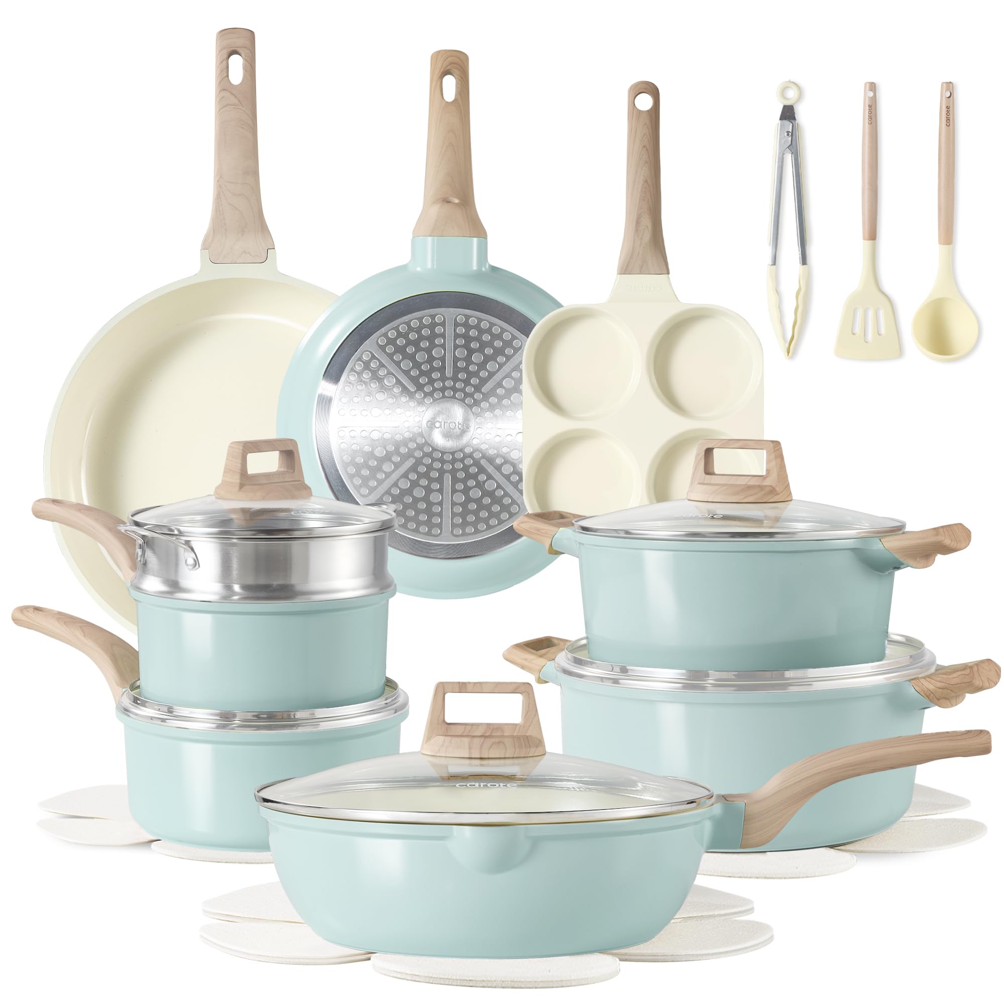 CAROTE 21pcs Ceramic Cookware Sets, Pots and Pans Set Blue