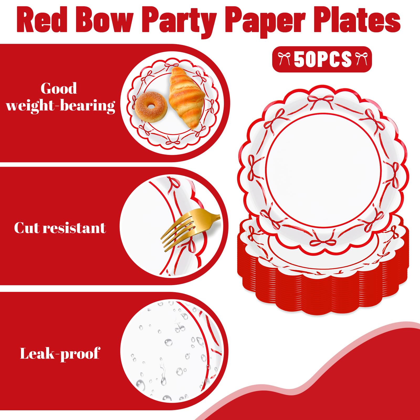 JarThenaAMCS 50 Pcs Red Bow Paper Plates Bowknot Scalloped Disposable Plate Decorative Tableware for Holiday Party Decor Supplie