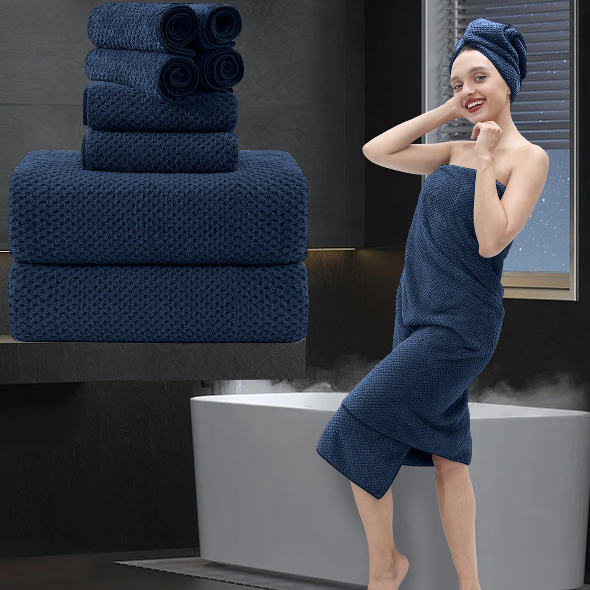 8 Piece Bathroom Towel Set Navy Blue |2 Oversized Large Bath Towels Sheet,2 Hand Towels And 4 Washcloths| 600Gsm Ultra Soft Luxu