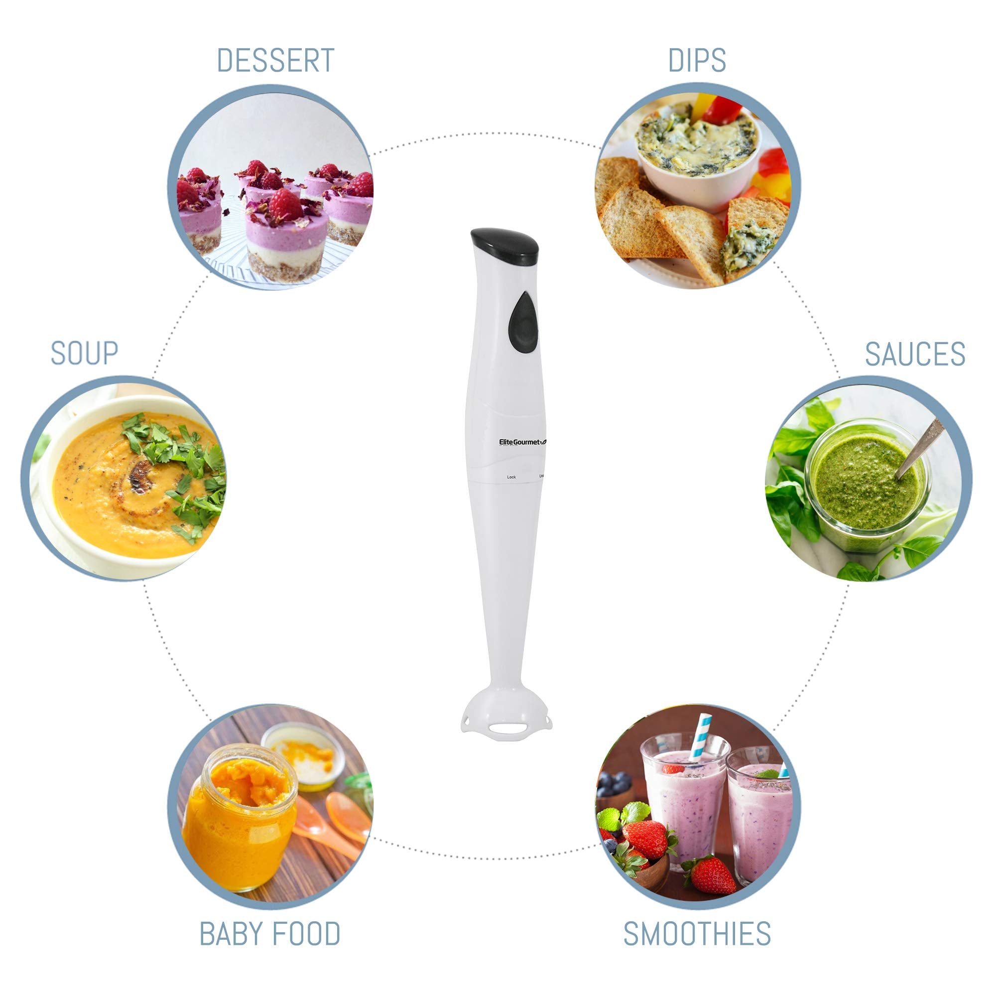 Elite Gourmet Ehb-2425X Electric Immersion Hand Blender, Mixer, Chopper, 1-Touch Control Multi Purpose Electric Immersion Stick,