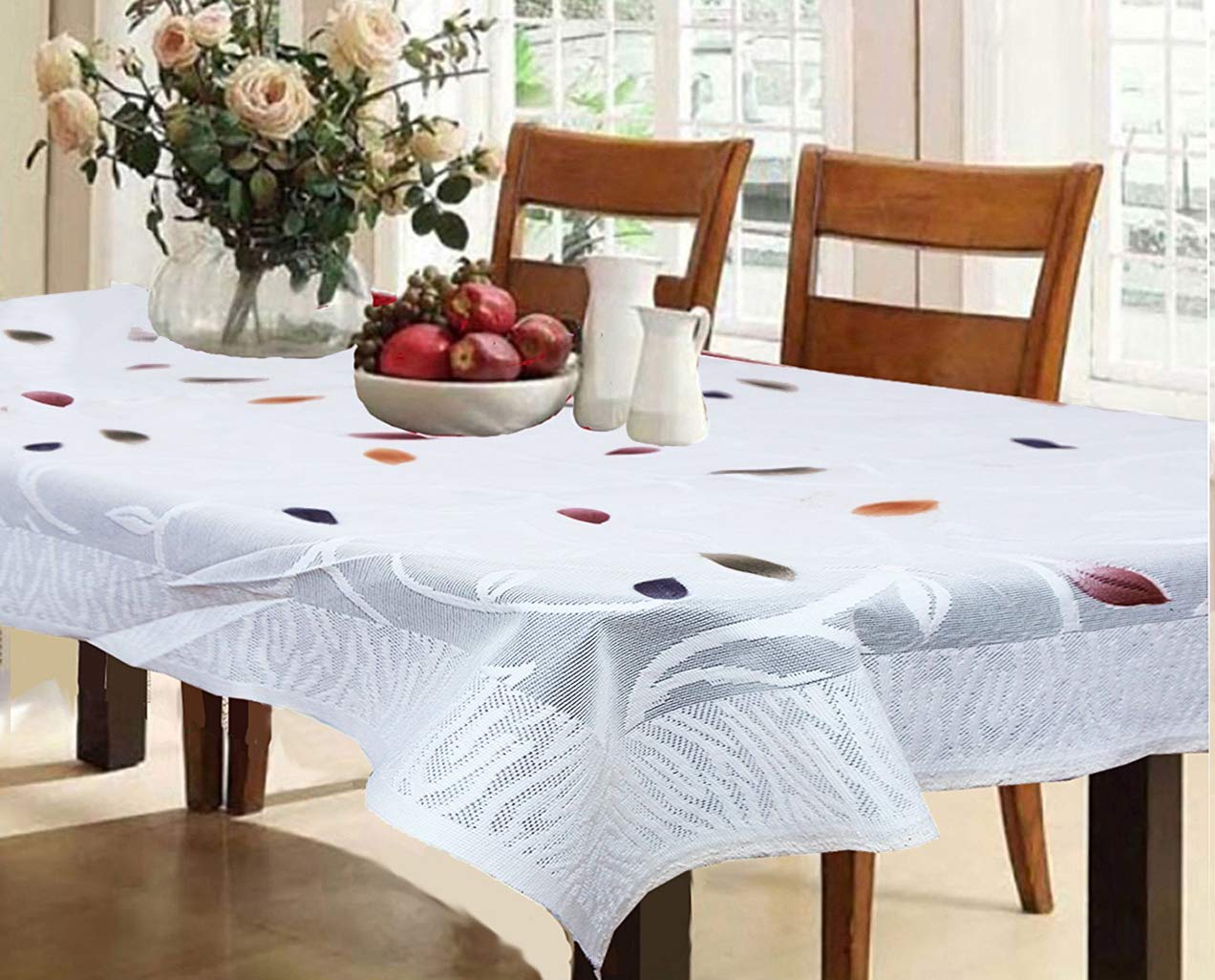 Kuber Industries Leaf Design Cotton 6 Seater Dining Table Cover - White - Ctktc022308