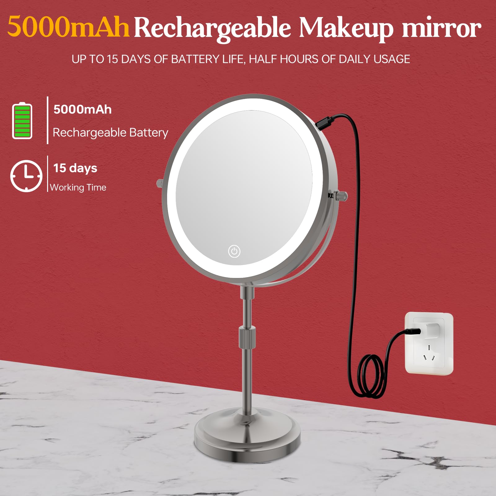 Mumianshu 9'' Makeup Mirror With Lights And Magnification 10X/1X, 360 Swivel Double Sided 5000 Mah Rechargeable Vanity Desktop M