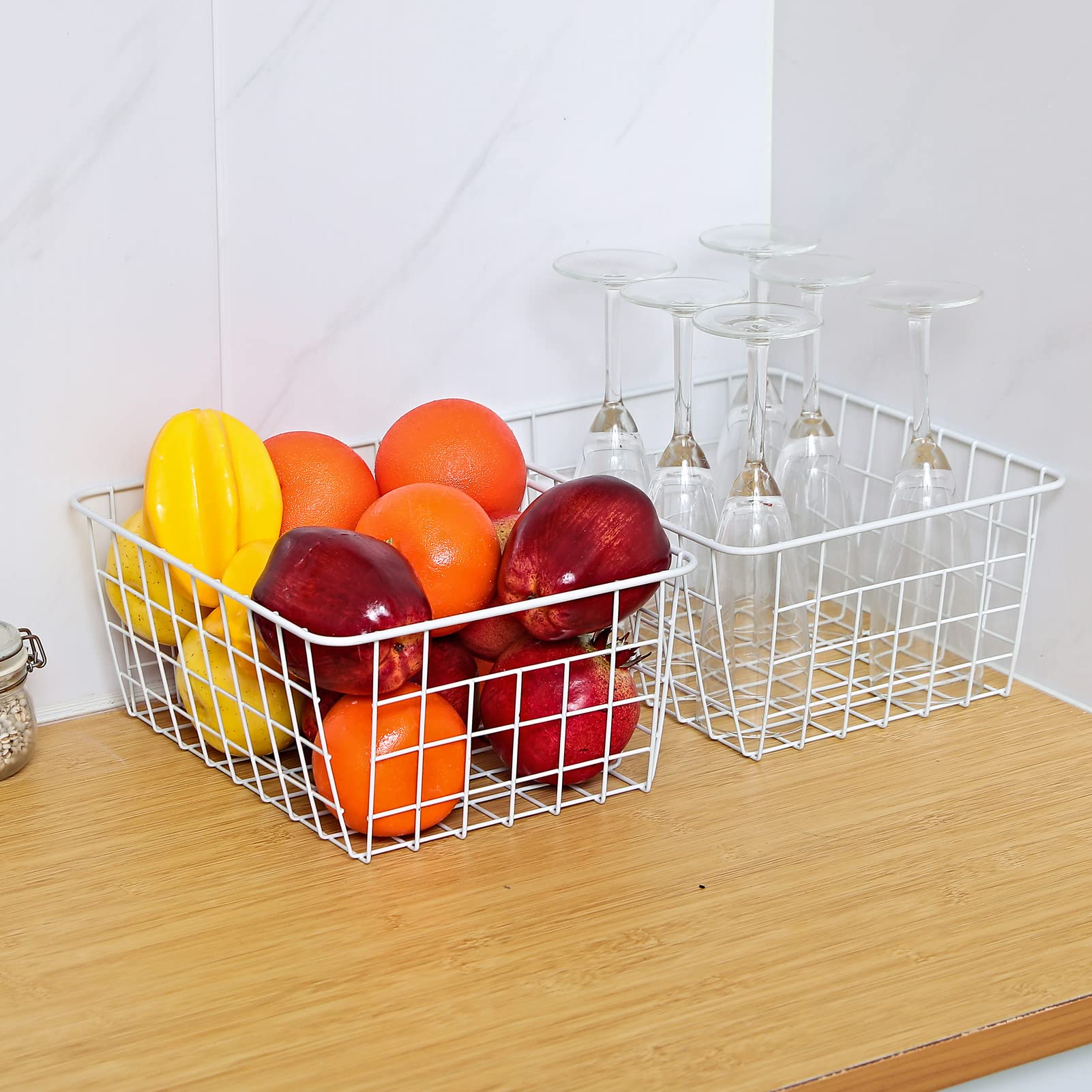 Brightalk 11" Upright Freezer Storage Baskets, Set of 2, White Wire, Metal Organizers for Freezer, Pantry, Bathroom