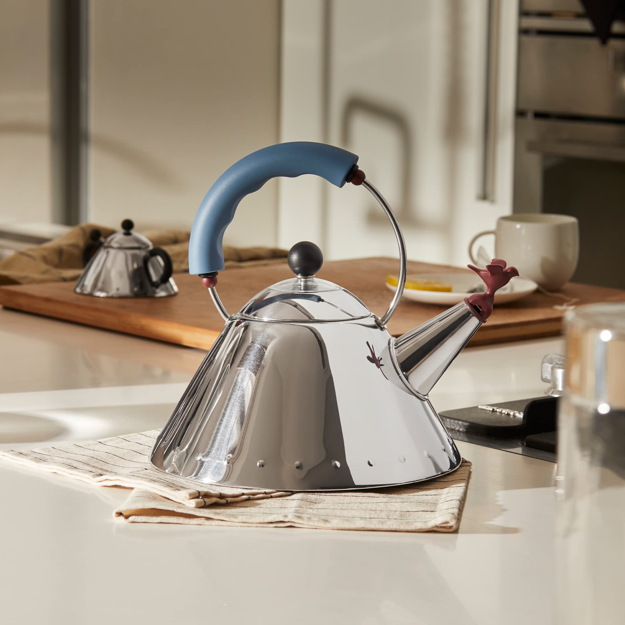 Alessi Kettle, 2.1 Quarts, Stainless Steel, 9'' H x 8.5'' W, Blue, Model 9093