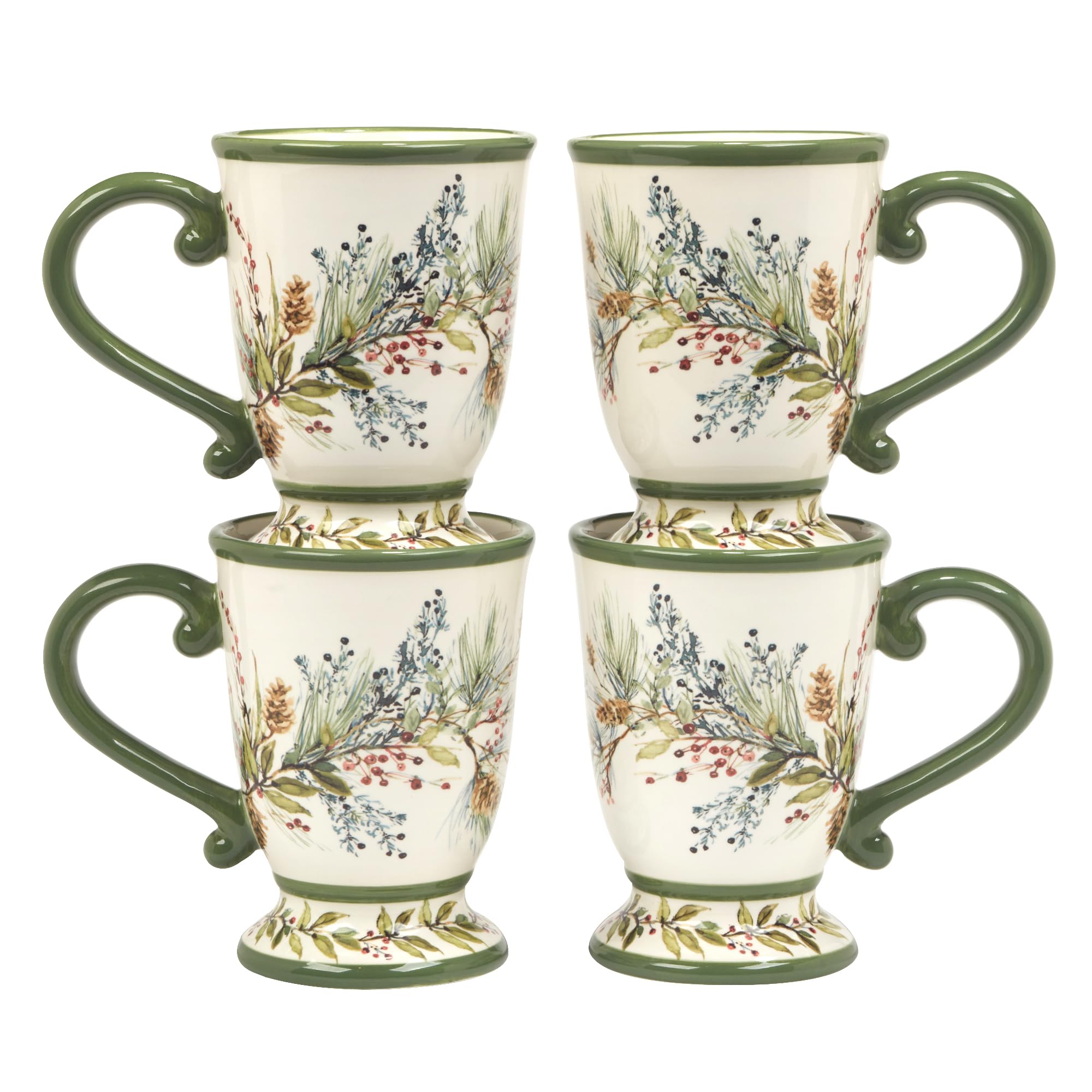 Winters Forest Holiday Mugs Set of 4 - 18oz Large Ceramic Coffee, Cocoa & Tea Cups with Evergreen Pinecone & Berry Design - Dish