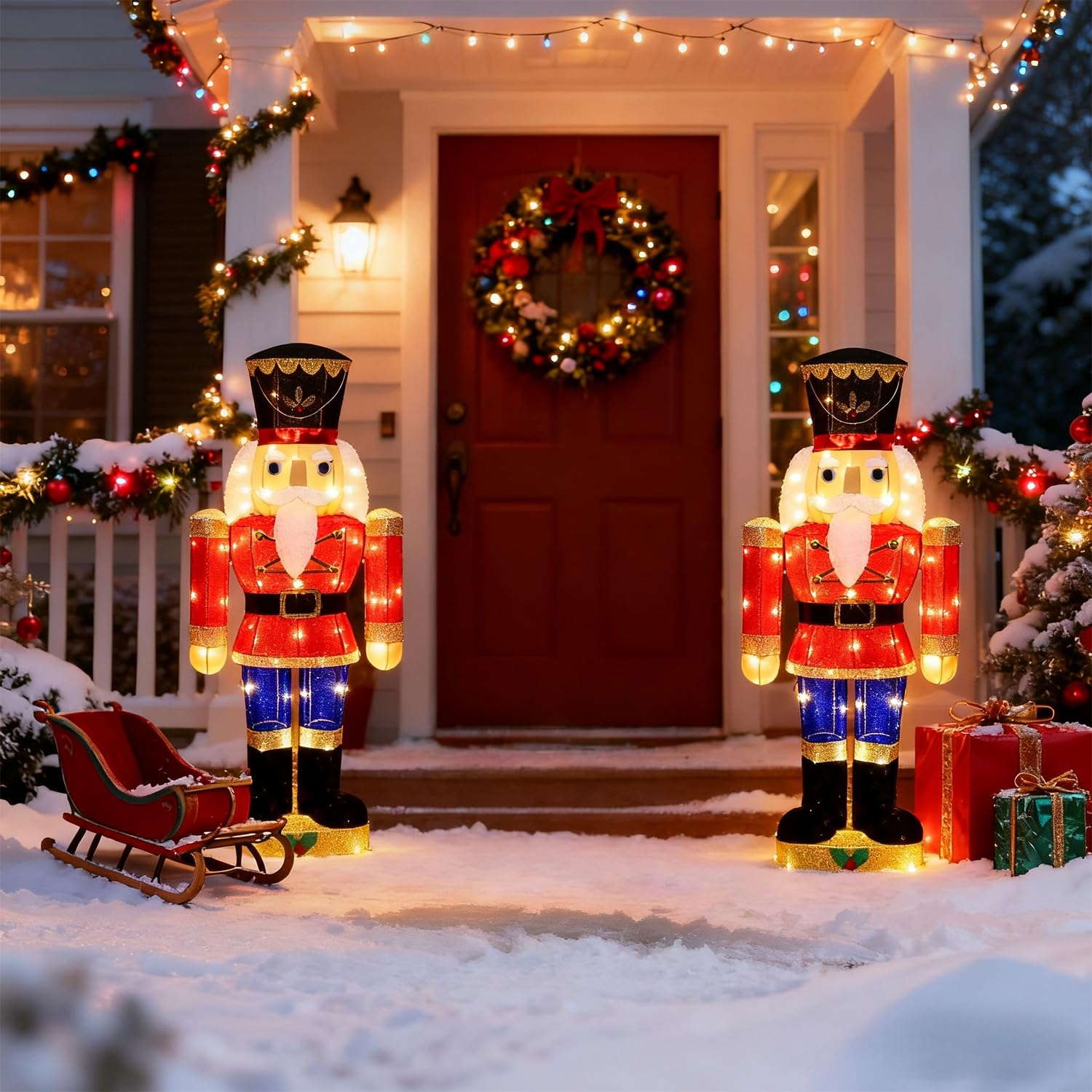 Hausse Lighted Christmas Outdoor Decor, 37.5  Height Pre-Lit 3D Tinsel Xmas Nutcracker Soldier Figure, Light Up Xmas Yard Displa