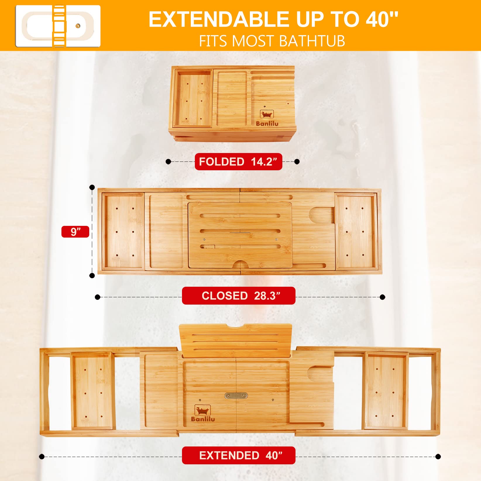 Banlilu Premium Bamboo Bathtub Tray Caddy - Expandable, Fits Most Tubs, Natural Color, Luxury Style, Model BATHTRY-SERIES1