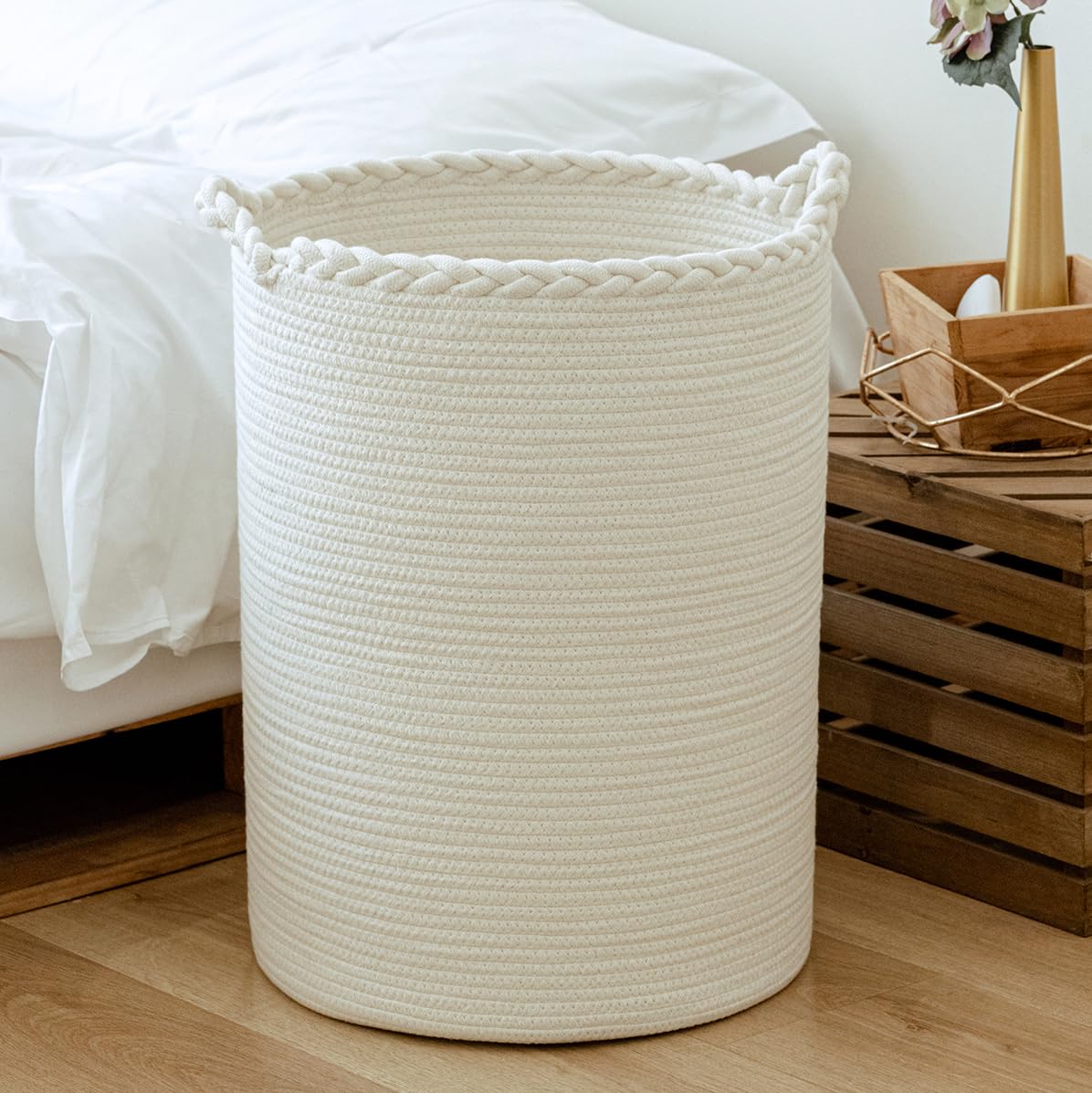 Homlikelan 58L Woven Laundry Basket,Cotton Tall Laundry Hamper For Blankets,Clothes,Pillows,Toys,Shoes Large Laundry Bin White