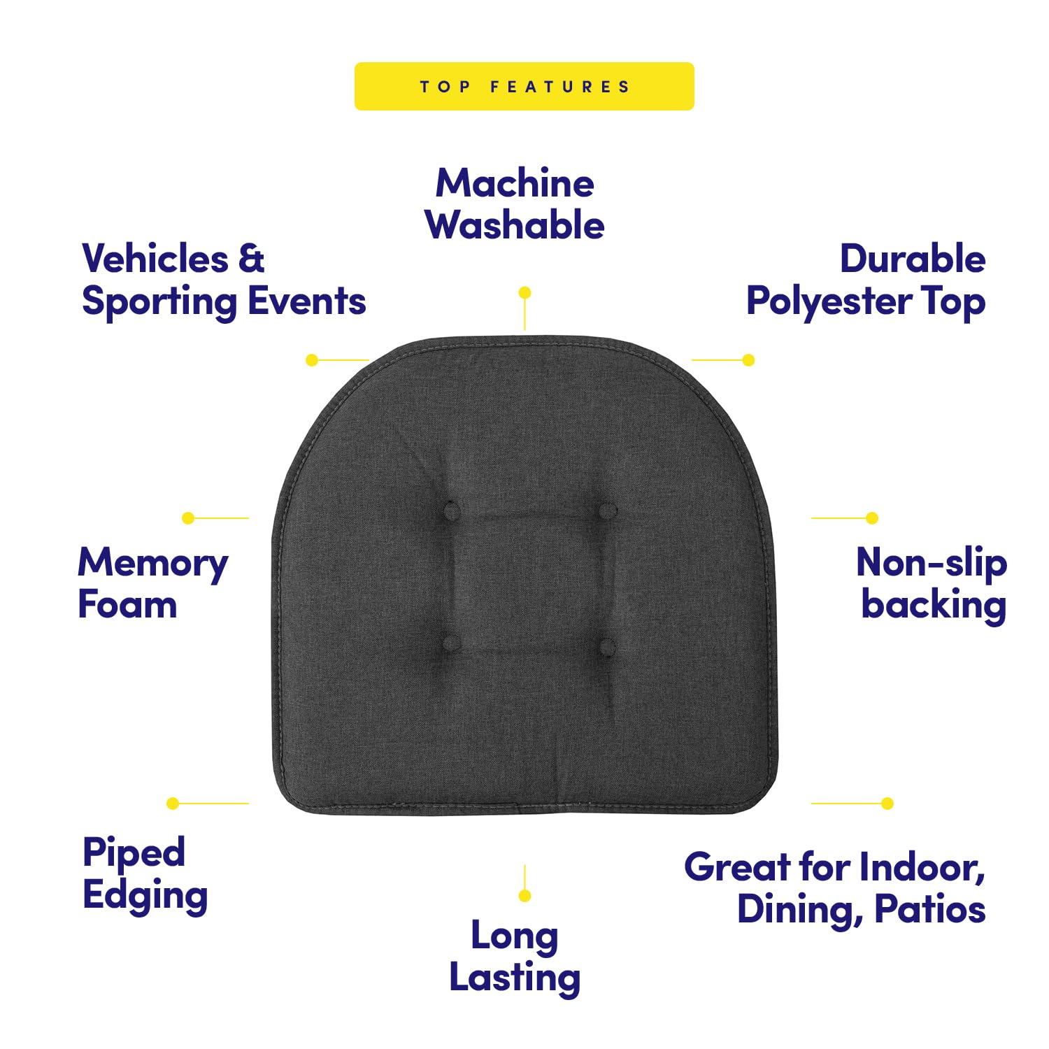 Sweet Home Collection Chair Cushion Memory Foam Pads Tufted Slip Non Skid Rubber Back U-Shaped 17 x 16 Seat Cover, 2 Count (Pack