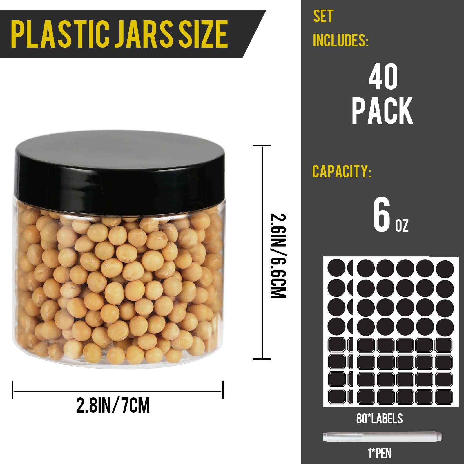 Keketin 40 Pack Plastic Jars With Black Lids 6 Oz,180Ml Round Plastic Containers Clear Cosmetic Jars,Refillable Empty Storage Co