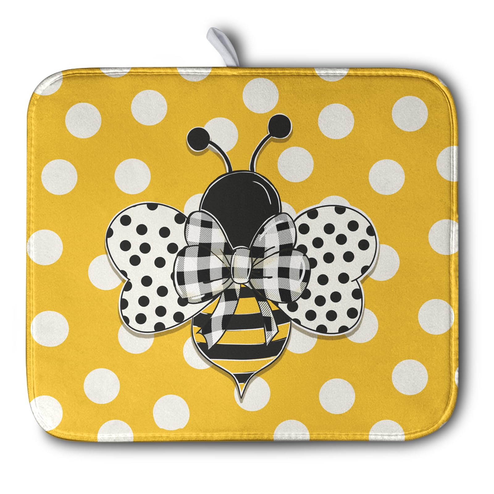 Bee Dish Drying Mat for Kitchen Counter 16x18 Inch Yellow Honey Bees Polka Dots Dishes Pad Cute Bumblebee Dish Draining Microfib