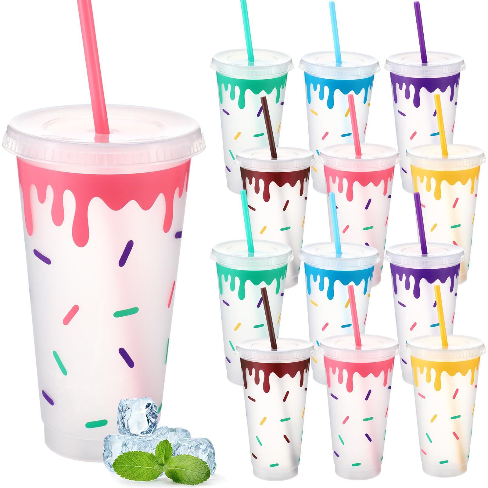 Potchen 12 Pcs Donut Plastic Cups 24 oz Reusable Donut Tumbler with Lids Straws Ice Cream Spill Cup with Sprinkles Doughnut Them