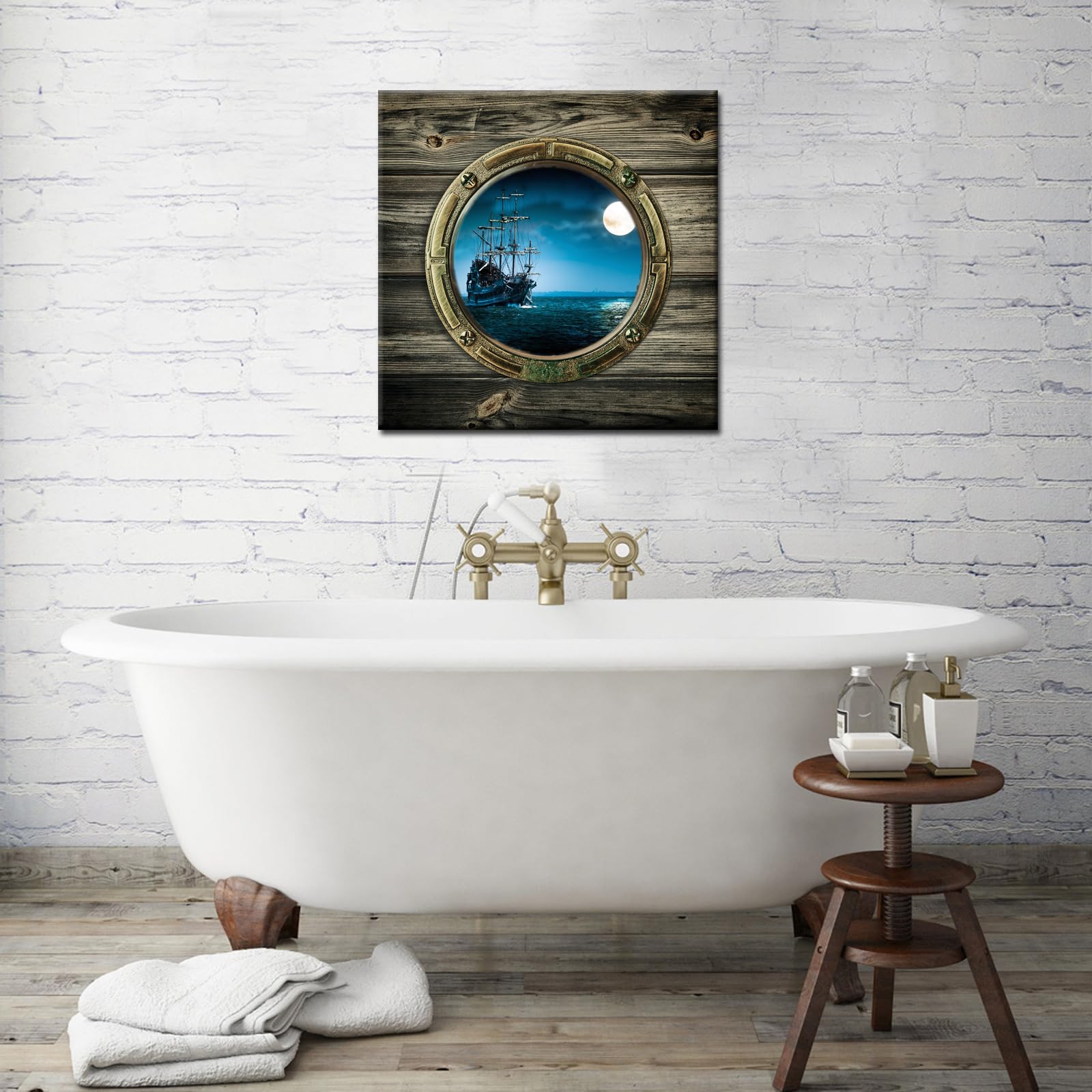Biuteawal - Full Moon Night Ocean Window View Canvas Wall Art Sailing Boat Picture Seascape Painting Prints Contemporary Artwork for Home Office Decor Gallery Wrapped Ready to Hang