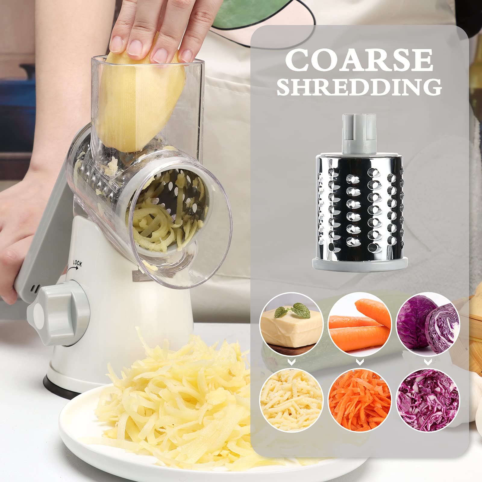 Ancevsk Manual Rotary Kitchen Cheese Grater, Speed Round Mandoline Vegetable Slicer, Safe Food Shredder Nut Grinder With 3 Inter