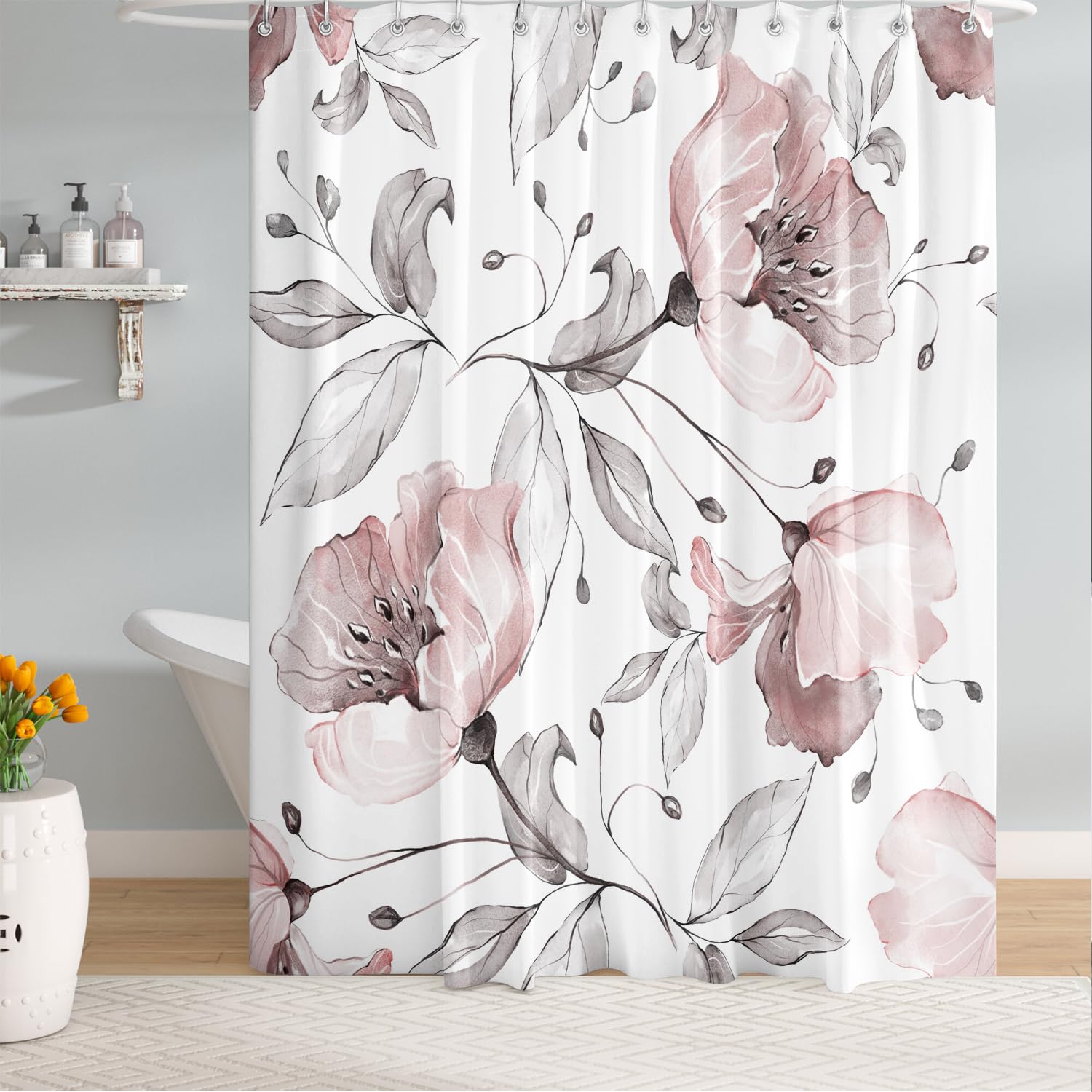 Bivinar Pink Floral Shower Curtain, Watercolor Flower Bathroom Shower Curtain, Fabric Waterproof Shower Curtain With 12 Hooks, 7