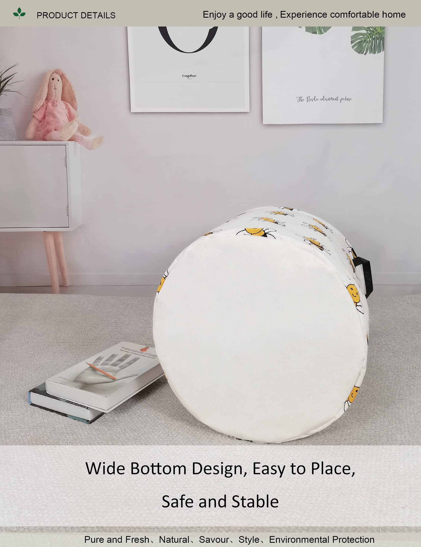 ONOEV Round Folding Laundry Hamper  Canvas Basket Nersury Hamper Suitable for Children Office Bedroom Clothes Toys Storage(Bee)