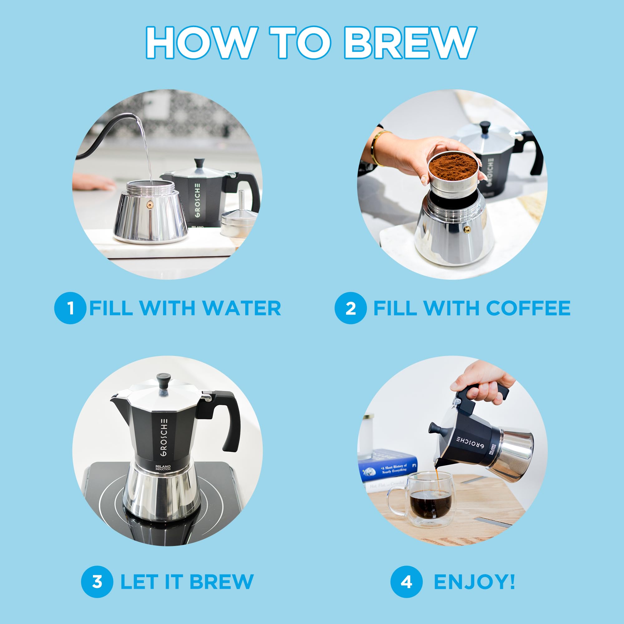 Grosche Milano Induction Stovetop Espresso Maker Moka Pot For Greca, Induction, Electric & Gas Stoves, Dishwasher Safe Stovetop