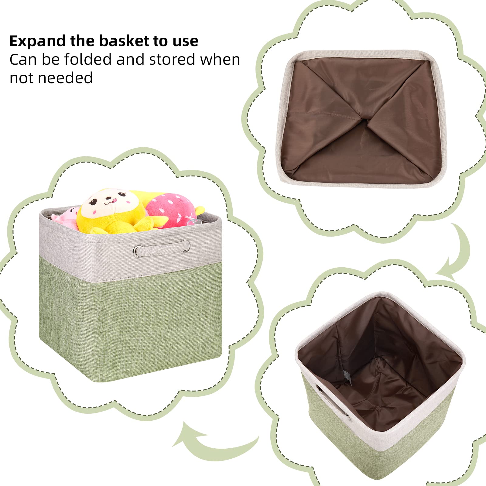 Fabric Cube Storage Boxes Foldable Storage Bins Light Green And Silver Khaki Patchwork Storage Baskets Cube Storage Bins With Ha