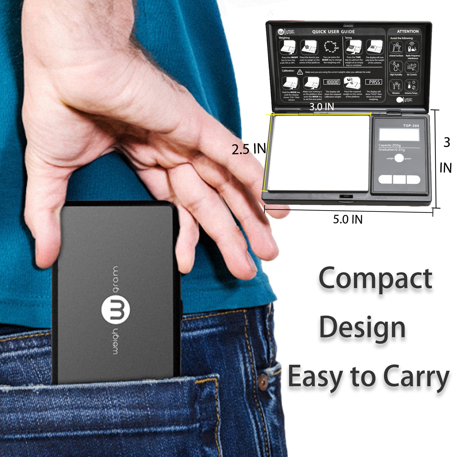 Weigh Gram 200g Digital Pocket Scale - 0.01g Accuracy, Stainless Steel, Black, Model 8541976147, Mini Food & Jewelry Scale