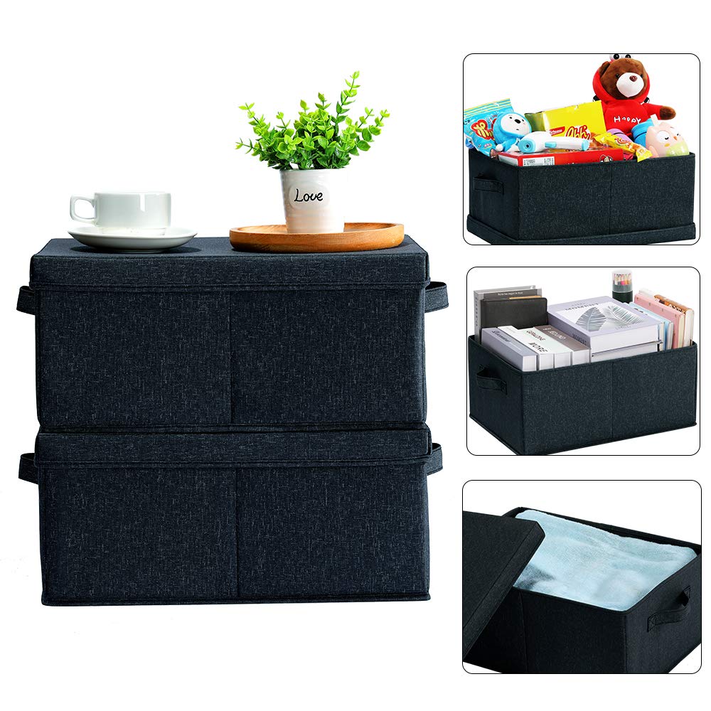 HOONEX Linen Foldable Storage Bins with Lids  2 Pack  Storage Boxes with Carrying Handles and Study Heavy Cardboard  16.5'' L x 11.8'' W x 7.5'' H for Toy  Shoes  Books  Clothes  Nursery  Dark Grey