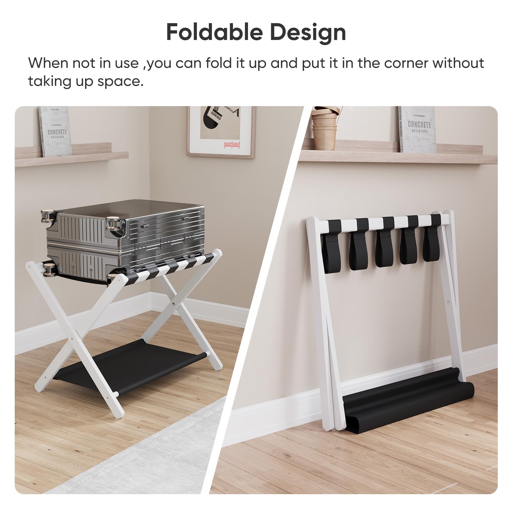 Smuxee White Bamboo Luggage Rack For Guest Room, Foldable Suitcase Stand With Storage Shelf, Easily Assembled Luggage Stand With