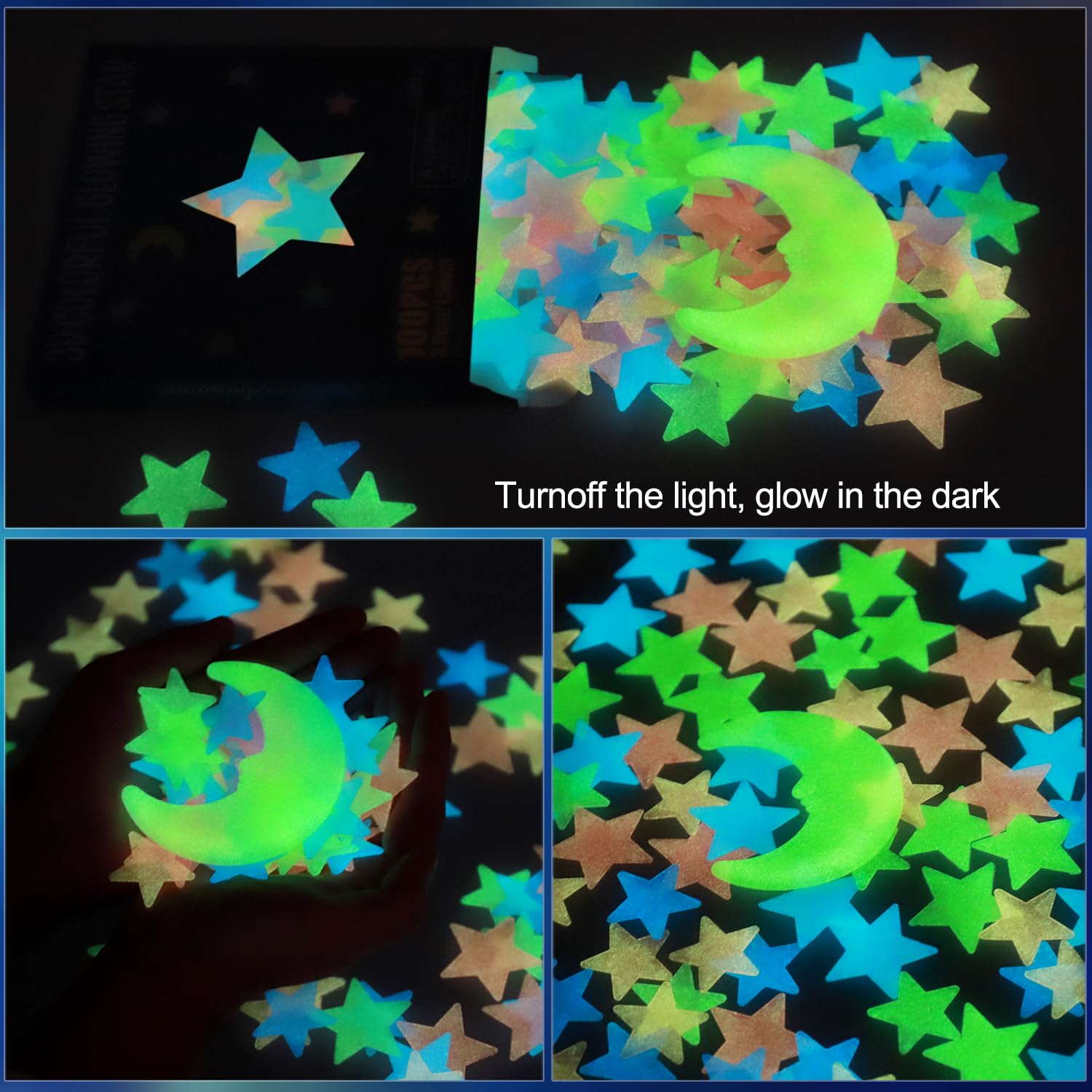 100 Pcs Colorful Glow in The Dark Luminous Stars and Moon Fluorescent Noctilucent Plastic Wall Stickers Murals Decals for Home Art Decor Ceiling Wall Decorate Kids Babys Bedroom Room Decorations