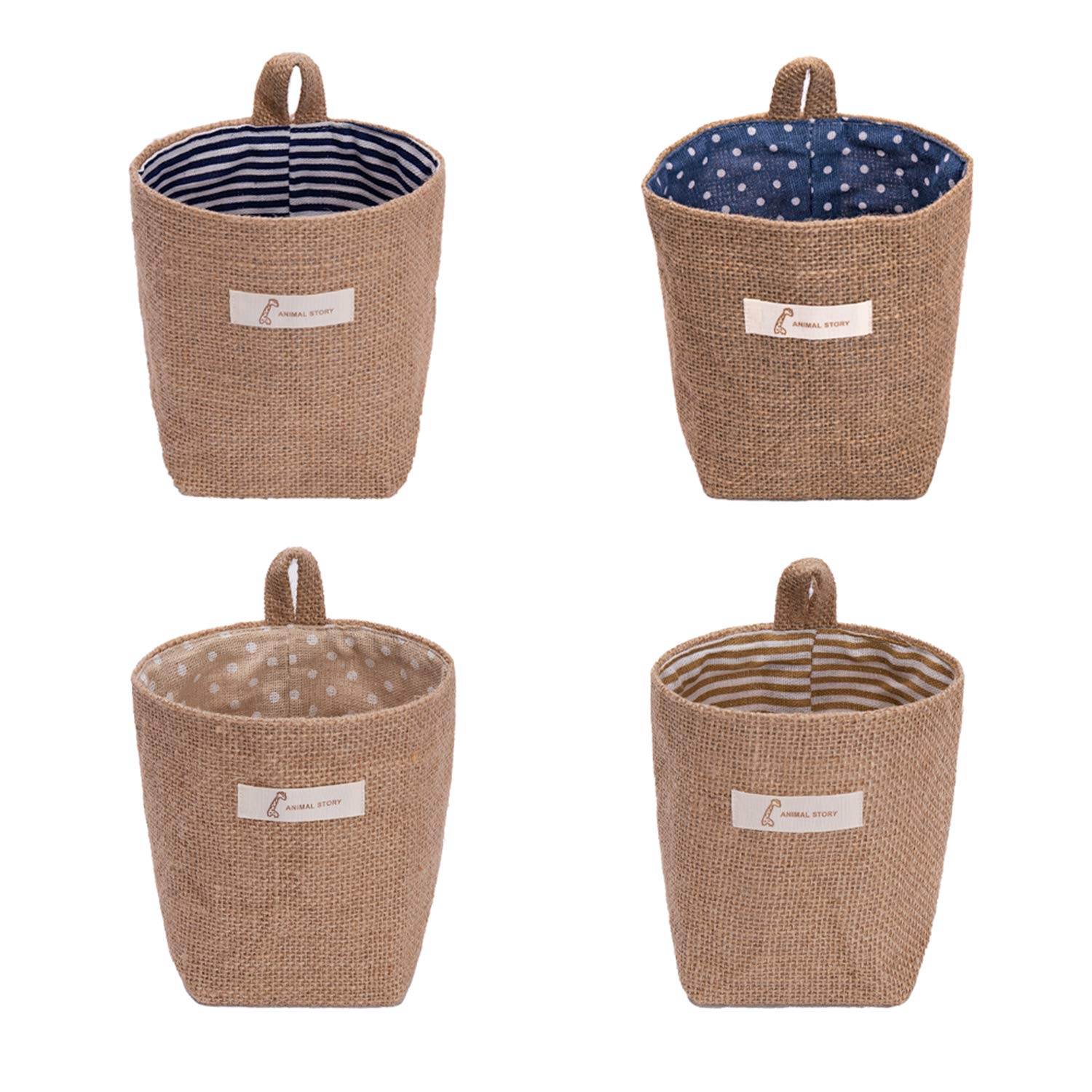 Sansheng 4 Pack Wall Hanging Storage Bags Hanging Storage Bags Cotton Linen Storage Basket Foldable Wall Hanging Basket Family O