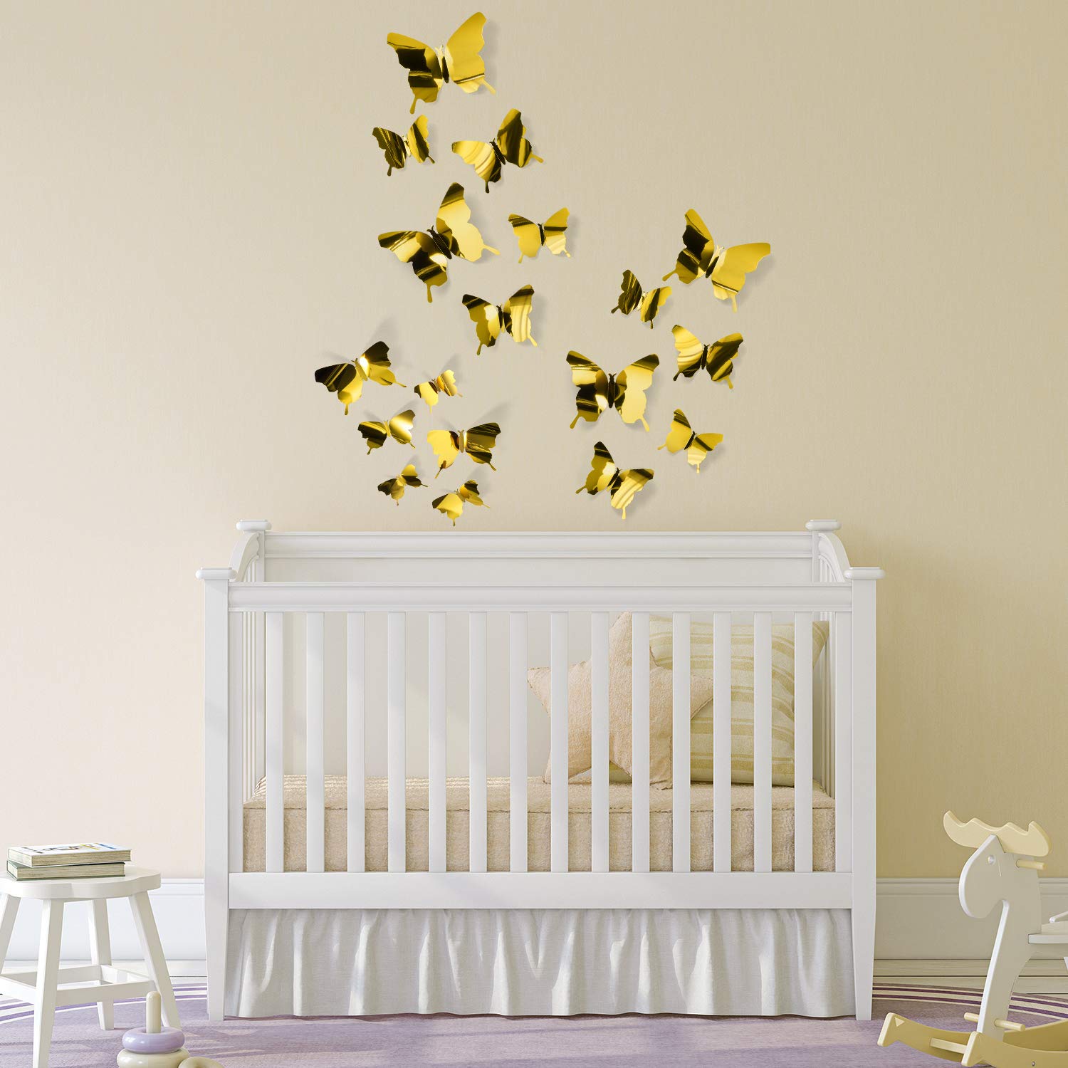 48 Pieces Butterfly Wall Decor Diy Mirror 3D Butterfly Stickers Removable Decals For Home Bedroom Bathroom Living Room Decor(Gol