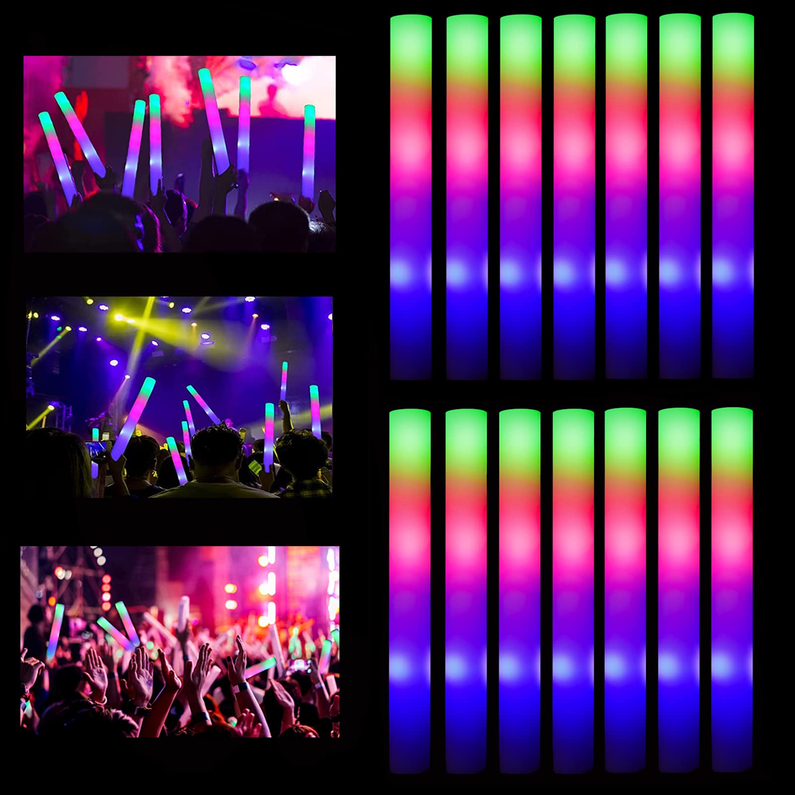 ColorHome Glow Sticks Bulk, 32 Pcs LED Foam Sticks Glow in the Dark Party Supplies with 3 Modes Colorful Flashing,Light Up Baton